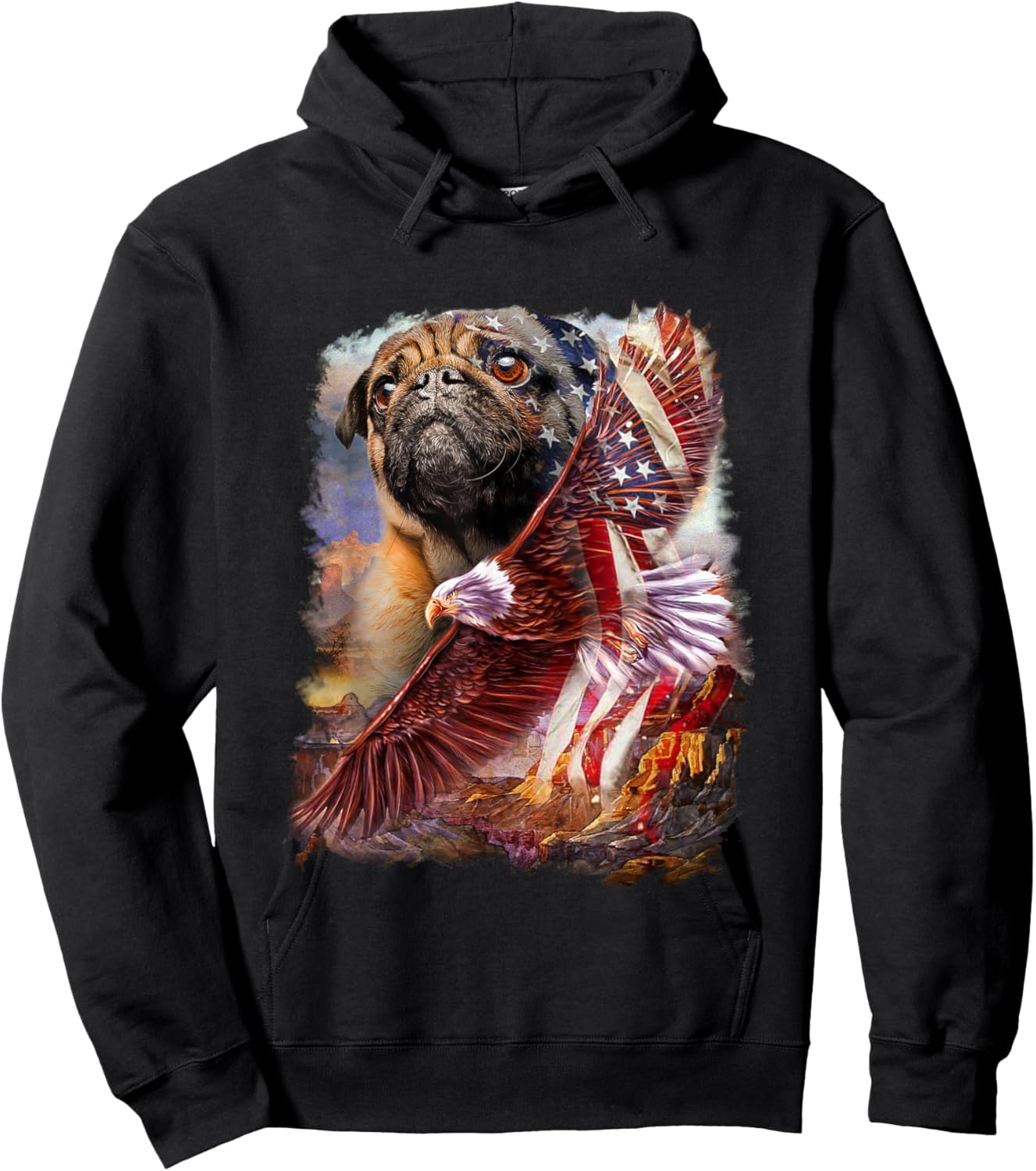 Pug with bald eagle american flag Hoodie - Hoodie | Black
