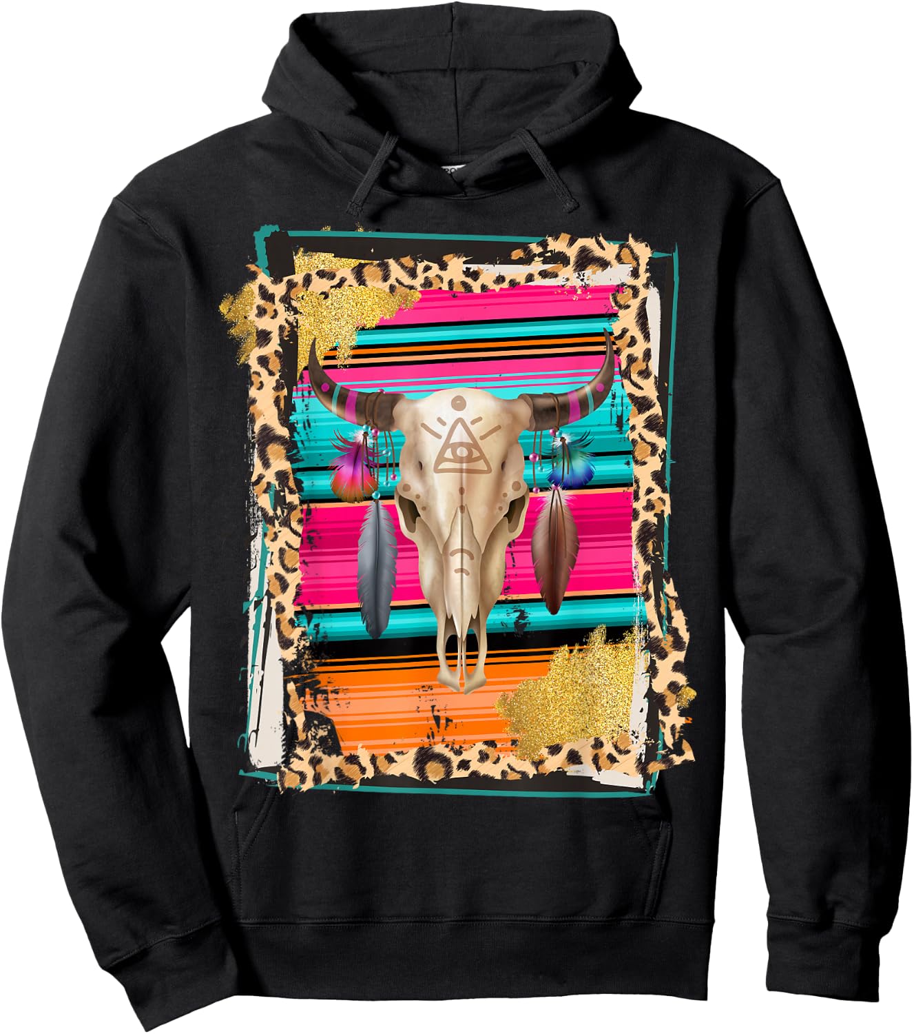 BOHO COW - Leopard Cow Pattern Serape Print Cowgirl Rodeo Hoodie - Hoodie | Black
