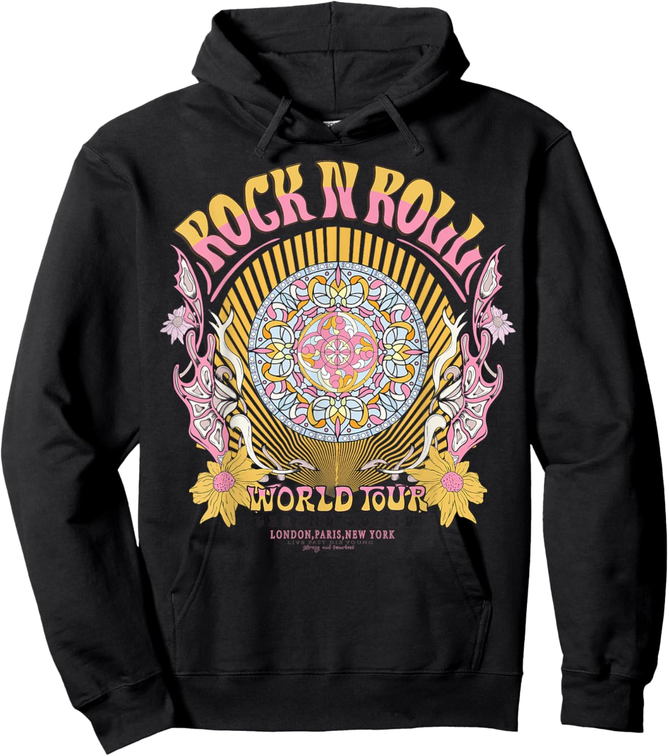 Vintage Retro Aztec Round Motif Mandala Flower Rock & Roll Hoodie - Hoodie | Black