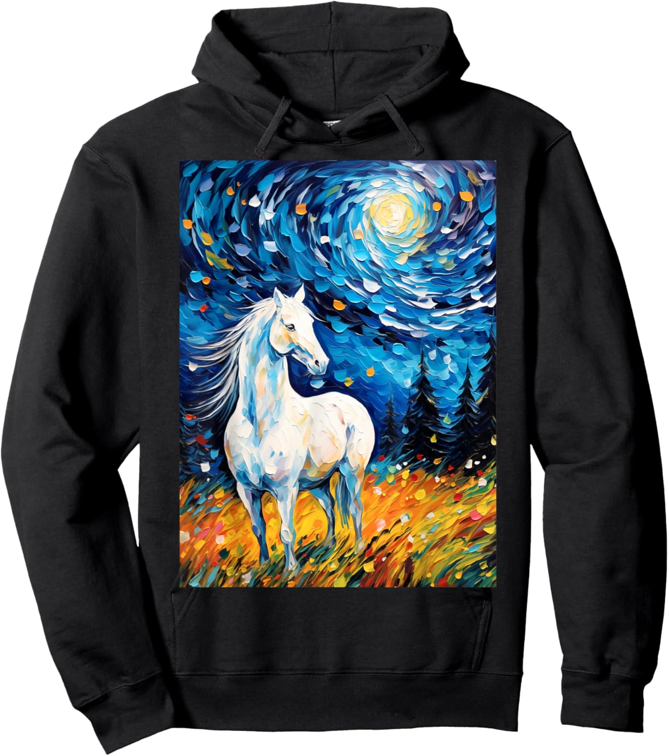 White Horse in Starry Night Van Gogh Horses Lover Hoodie - Hoodie | Black