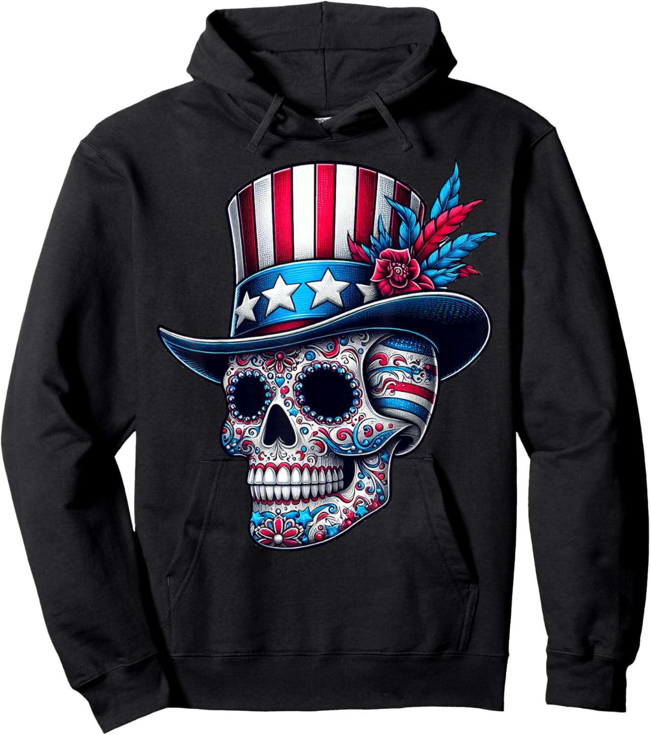 Independence Day USA Patriot Skull 4th of July Sugar Skull Hoodie - Hoodie | Black