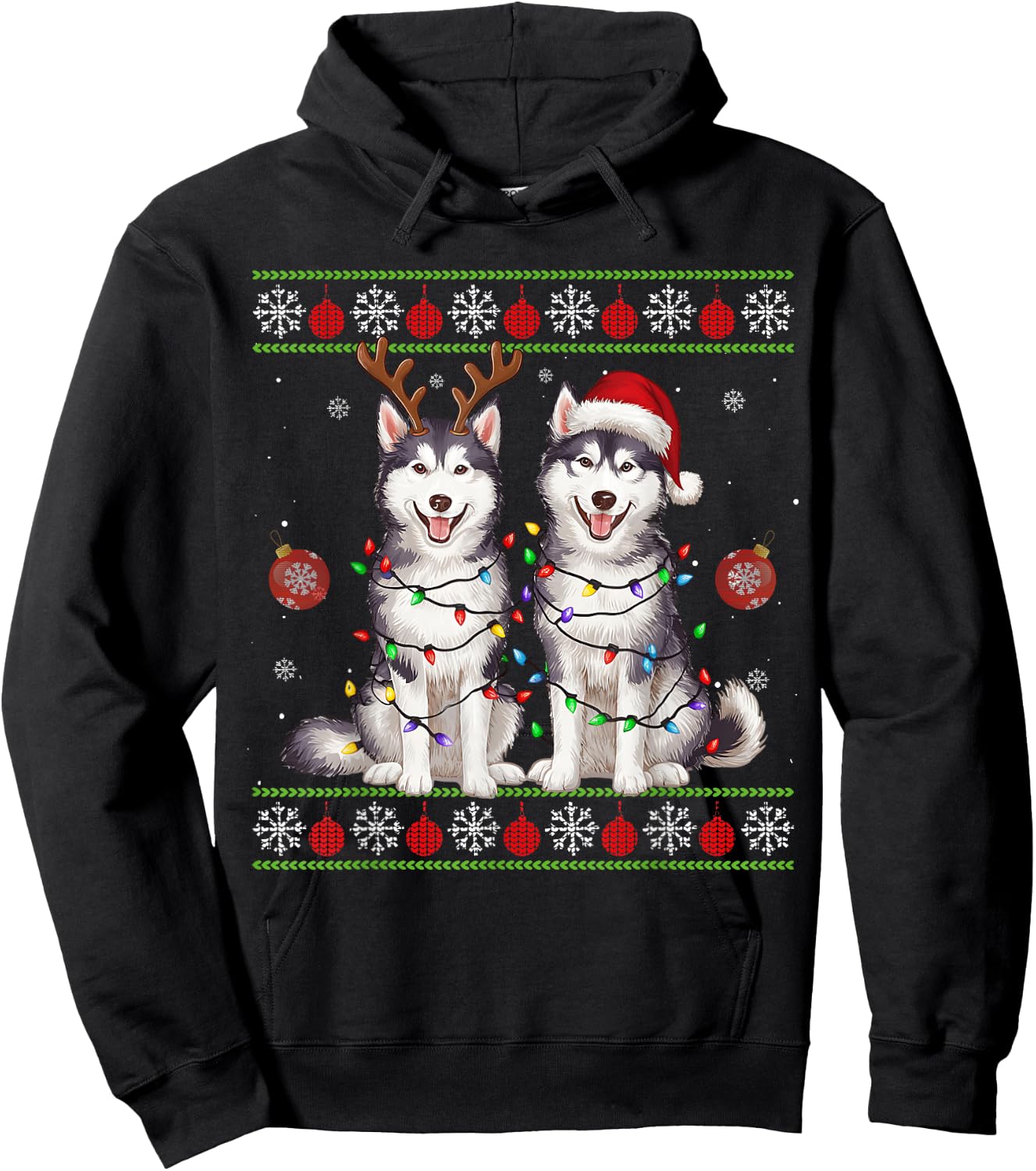 Siberian Husky Christmas Santa Reindeer Christmas Sweater Hoodie - Hoodie | Black