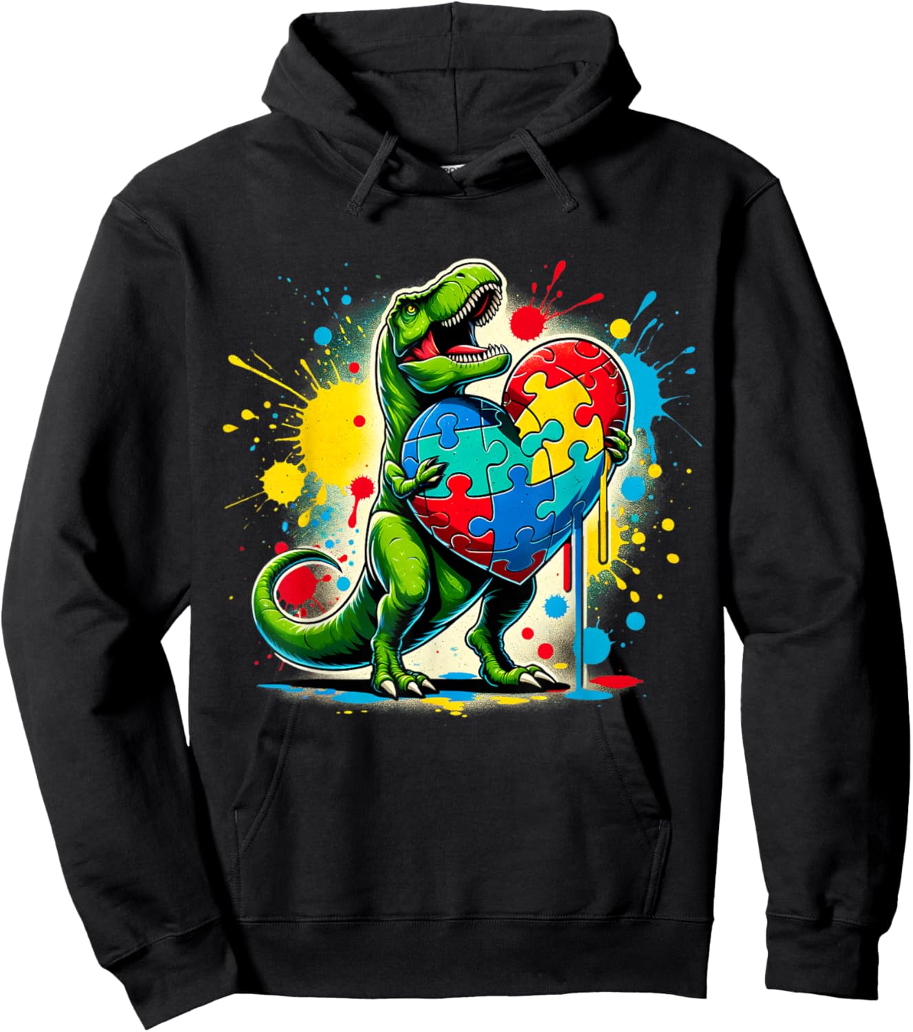 Boys Kids Autism Awareness Funny T Rex Dinosaur Puzzle Piece Hoodie - Hoodie | Black