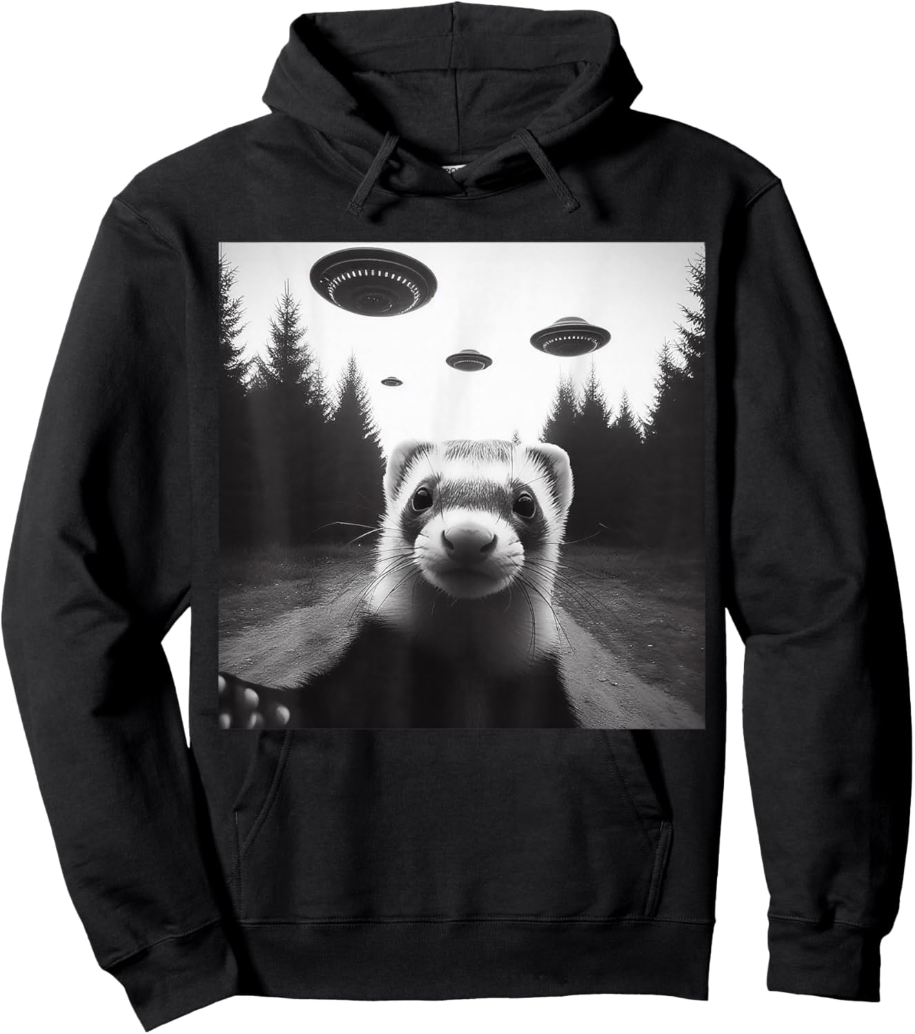 Ferret Selfie With Alien UFO Funny Gifts Women Kid Hoodie - Hoodie | Black