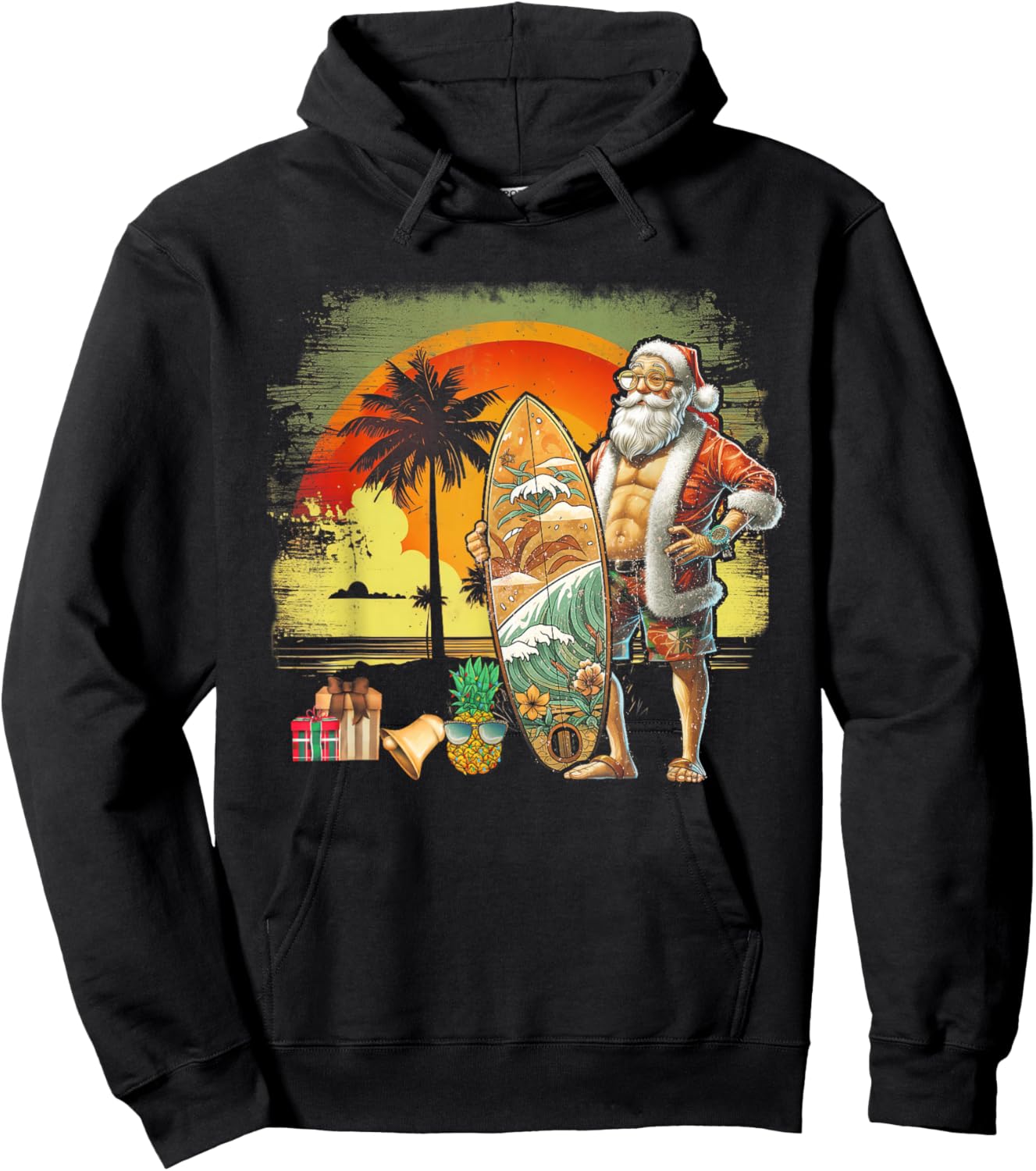 Tropical Summer Surfing Santa Claus 6 Pack Christmas In July Men Women Hoodie - Hoodie | Black