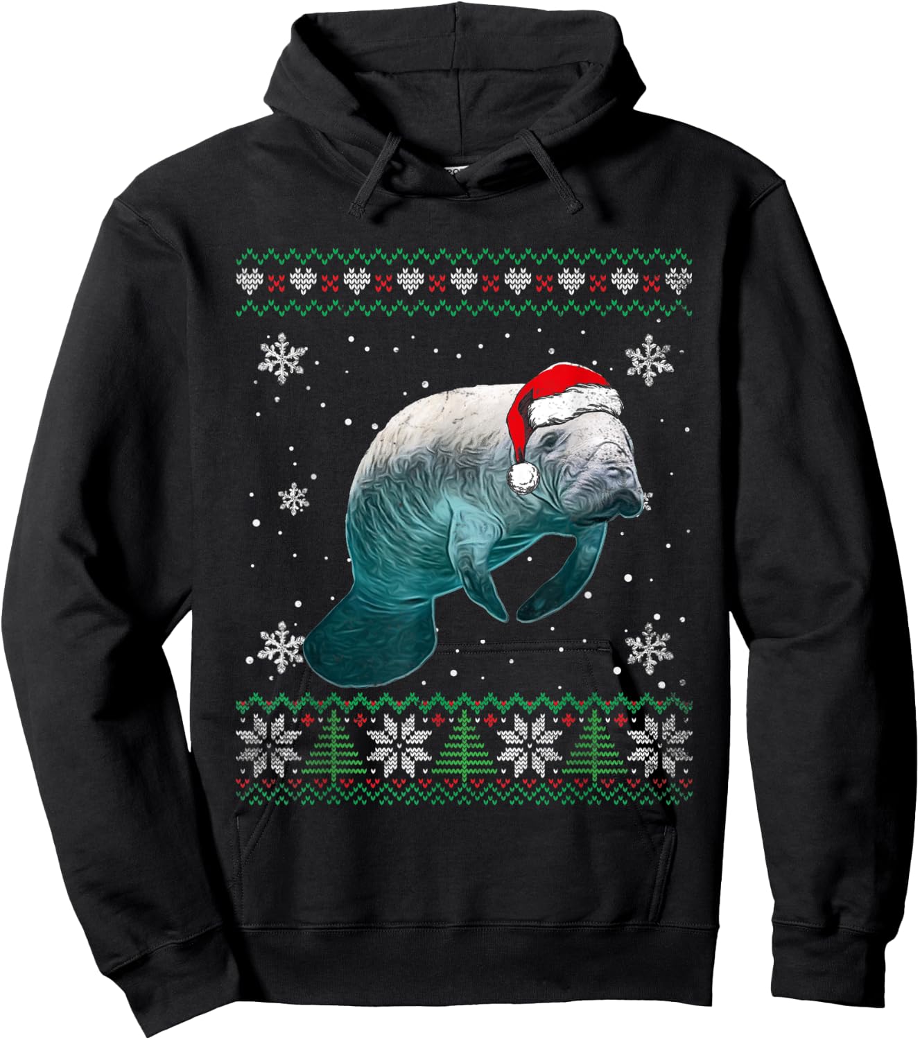 Santa Manatee Ugly Sweater Animals Christmas Pajama Hoodie - Hoodie | Black