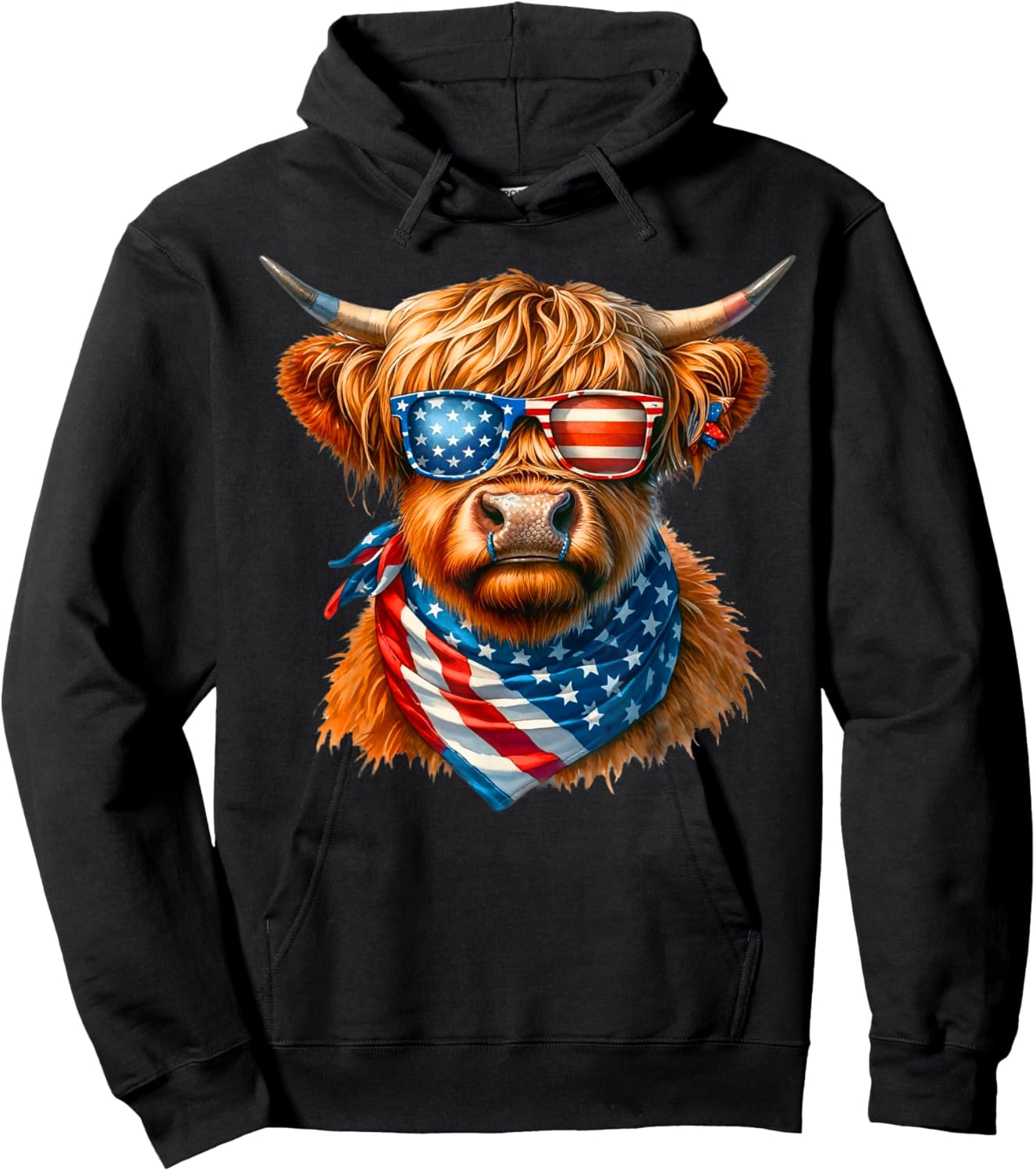 Vintage Patriot Highland Cow 4th Of July American Flag Hoodie - Hoodie | Black
