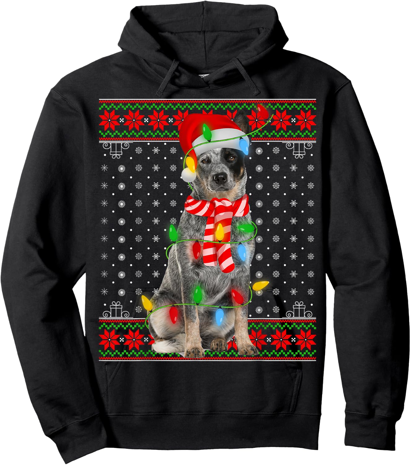 Ugly Xmas Dog Lights Santa Hat Blue Heeler Dog Christmas Men Women Girls Kids Hoodie - Hoodie | Black
