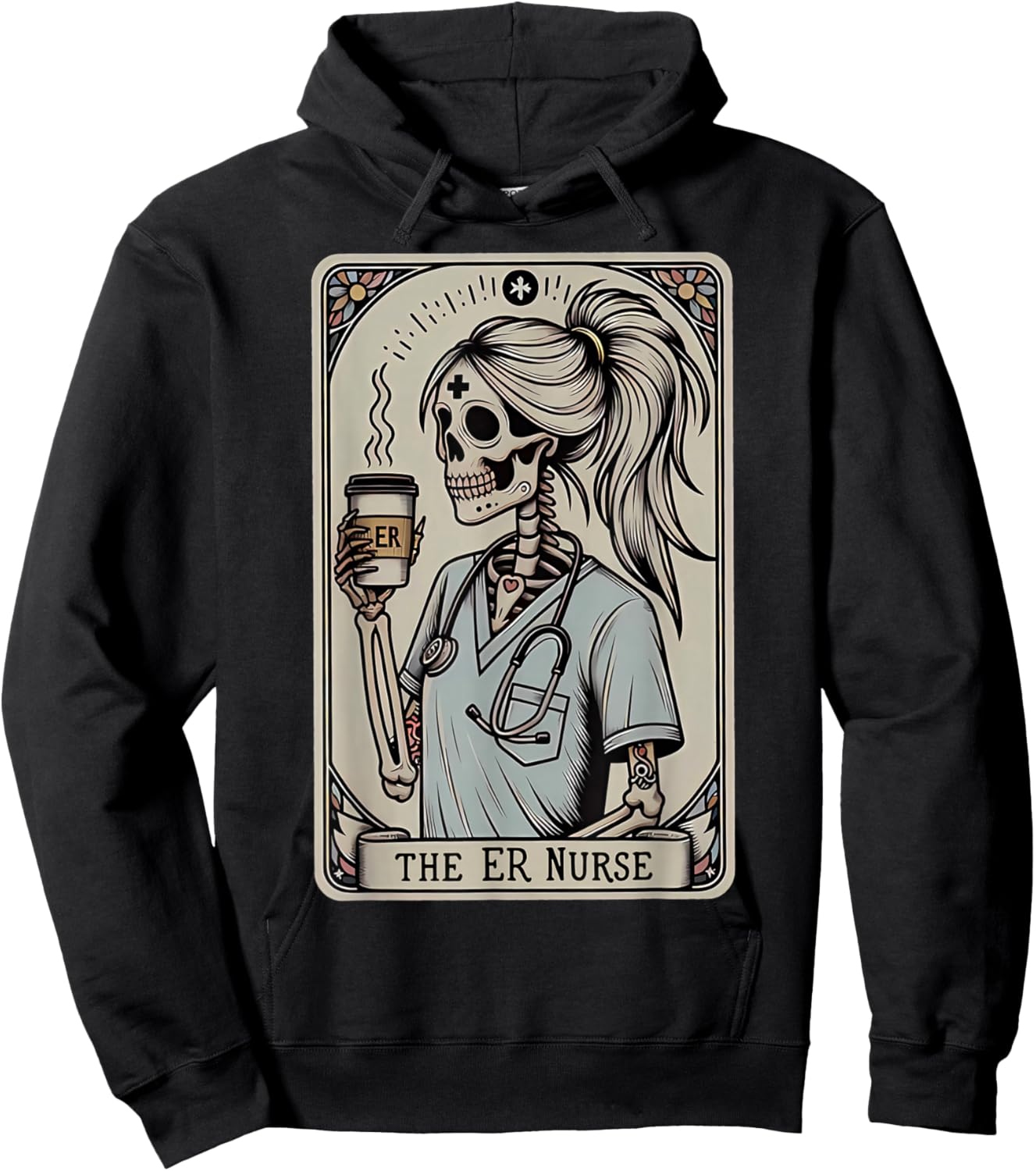 Skeleton Emergency Room Nurse Halloween Tarot Card Nursing Hoodie - Hoodie | Black