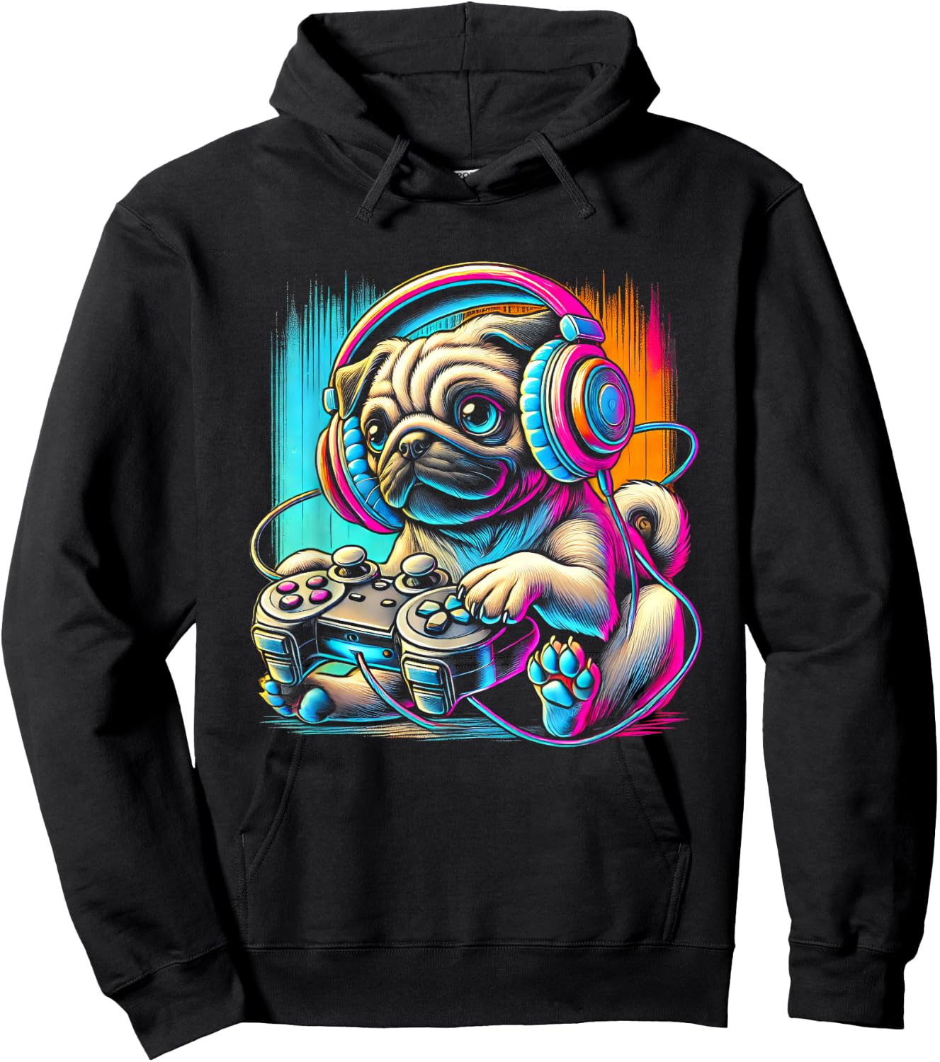 Pug Dog Colorful Video Game Controller Women Kids Hoodie - Hoodie | Black