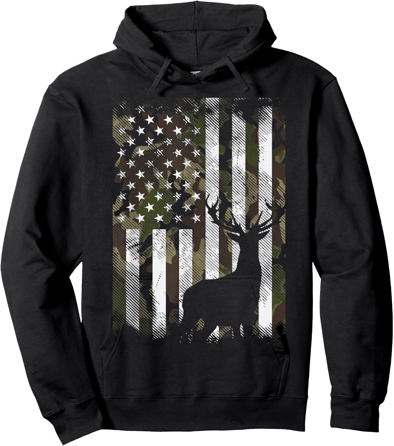 Camo US Flag Deer Elk Buck Camoflage Hunting Hunter Dad Gift Short Sleeve Hoodie - Hoodie | Black