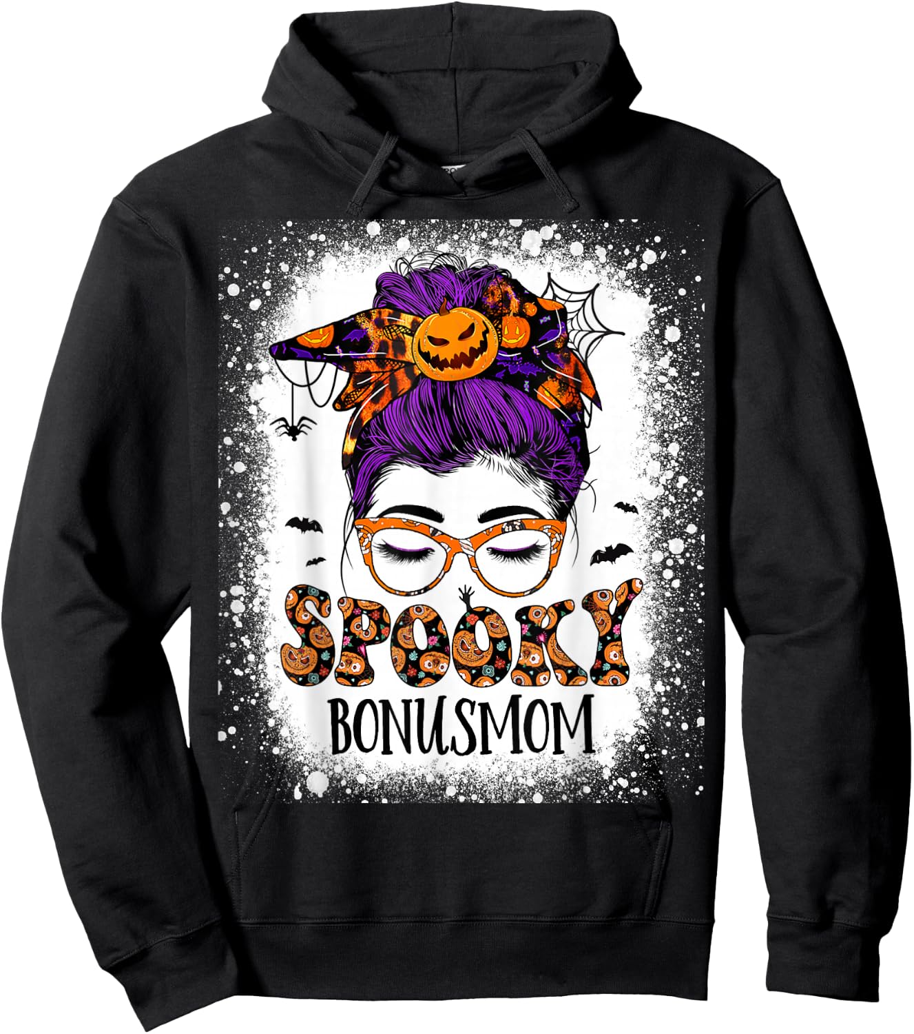Spooky Bonus mom Halloween Messy Hair Woman Bun Bleached Hoodie - Hoodie | Black