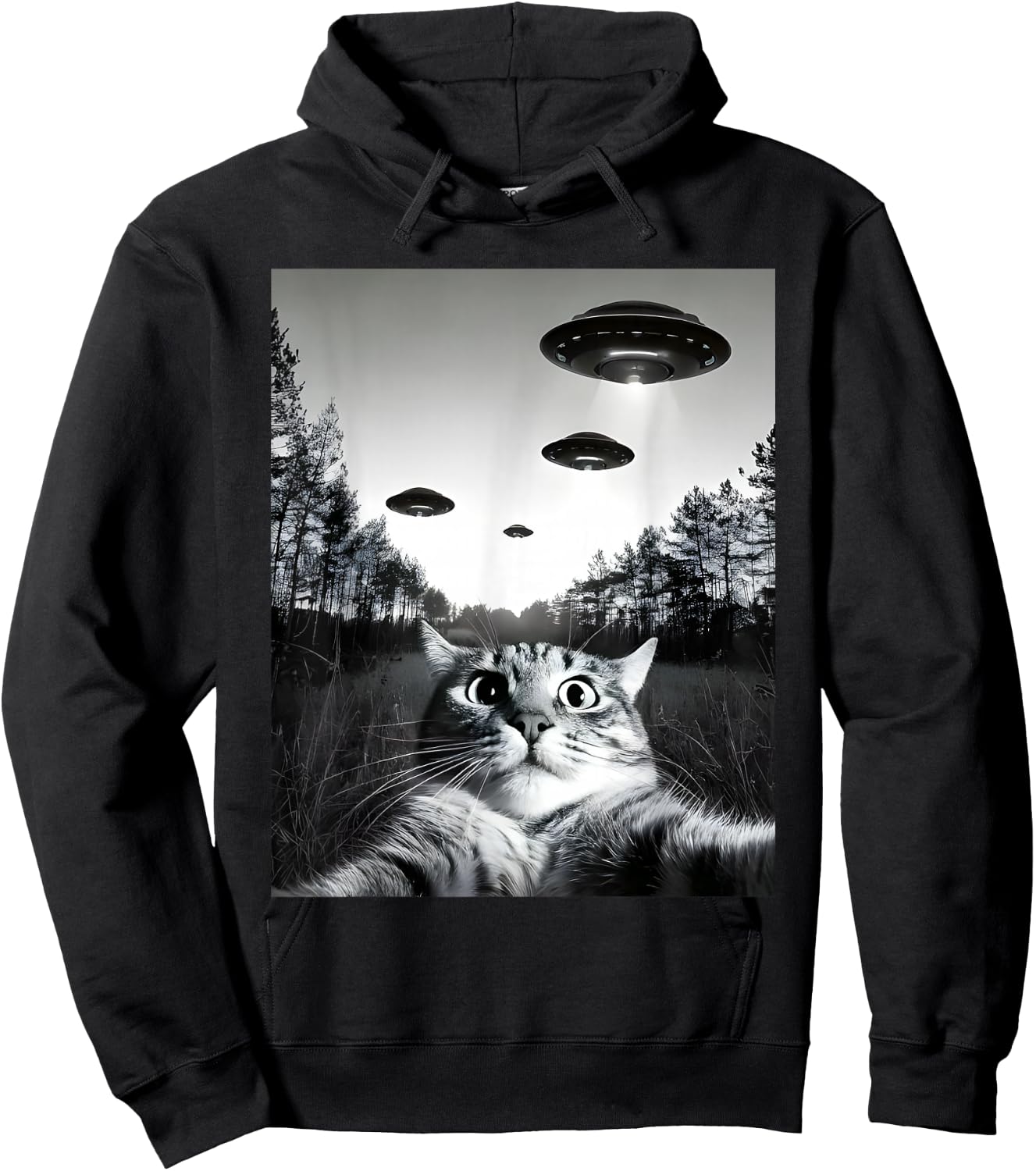Funny Cat Selfie with UFOs Hoodie - Hoodie | Black