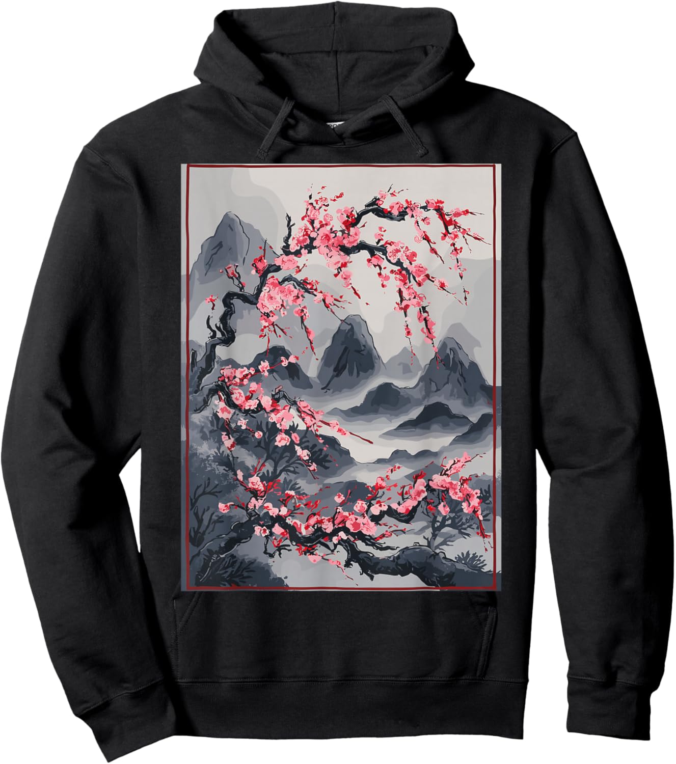 Vintage Cherry Blossom Landscape - Japanese Graphical Art Hoodie - Hoodie | Black