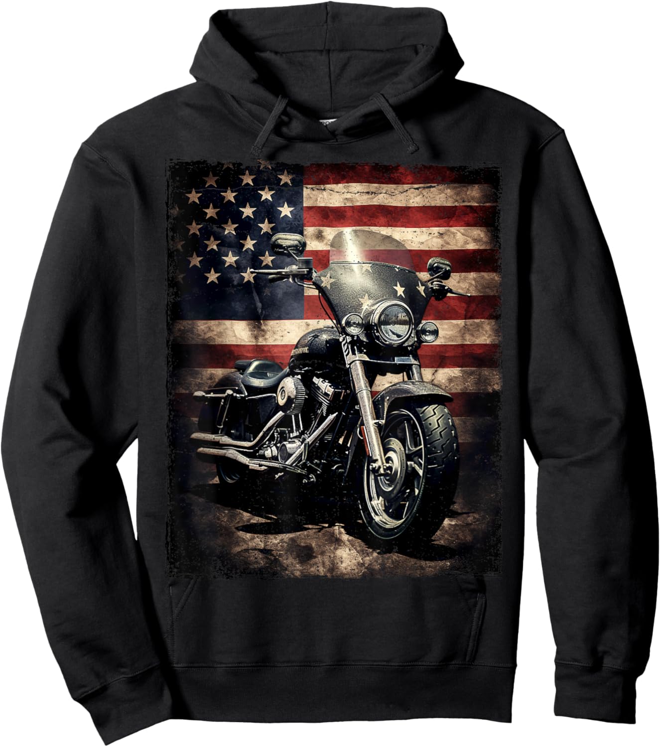 Vintage Motorcycle USA Flag Retro Biker American Hoodie - Hoodie | Black