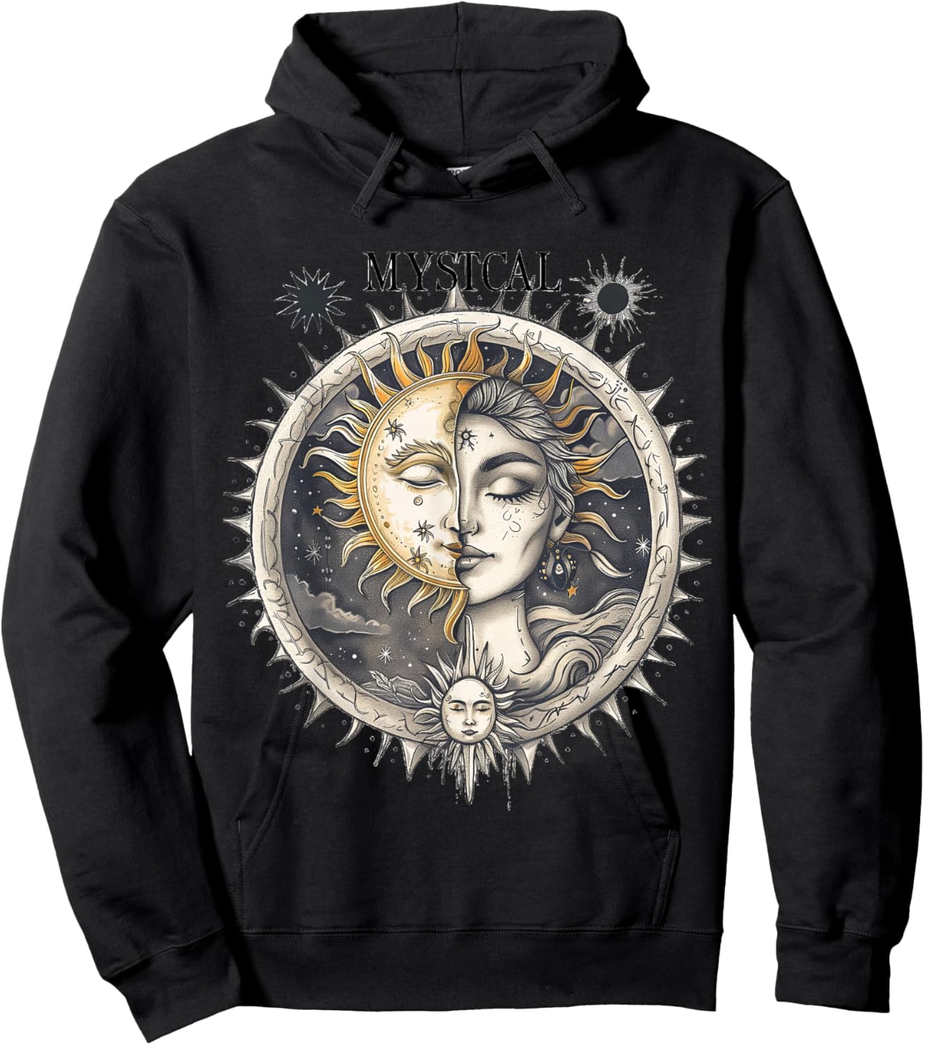 Mystical Sun and Moon with Woman Mystical Flowers Aesthetic Hoodie - Hoodie | Black