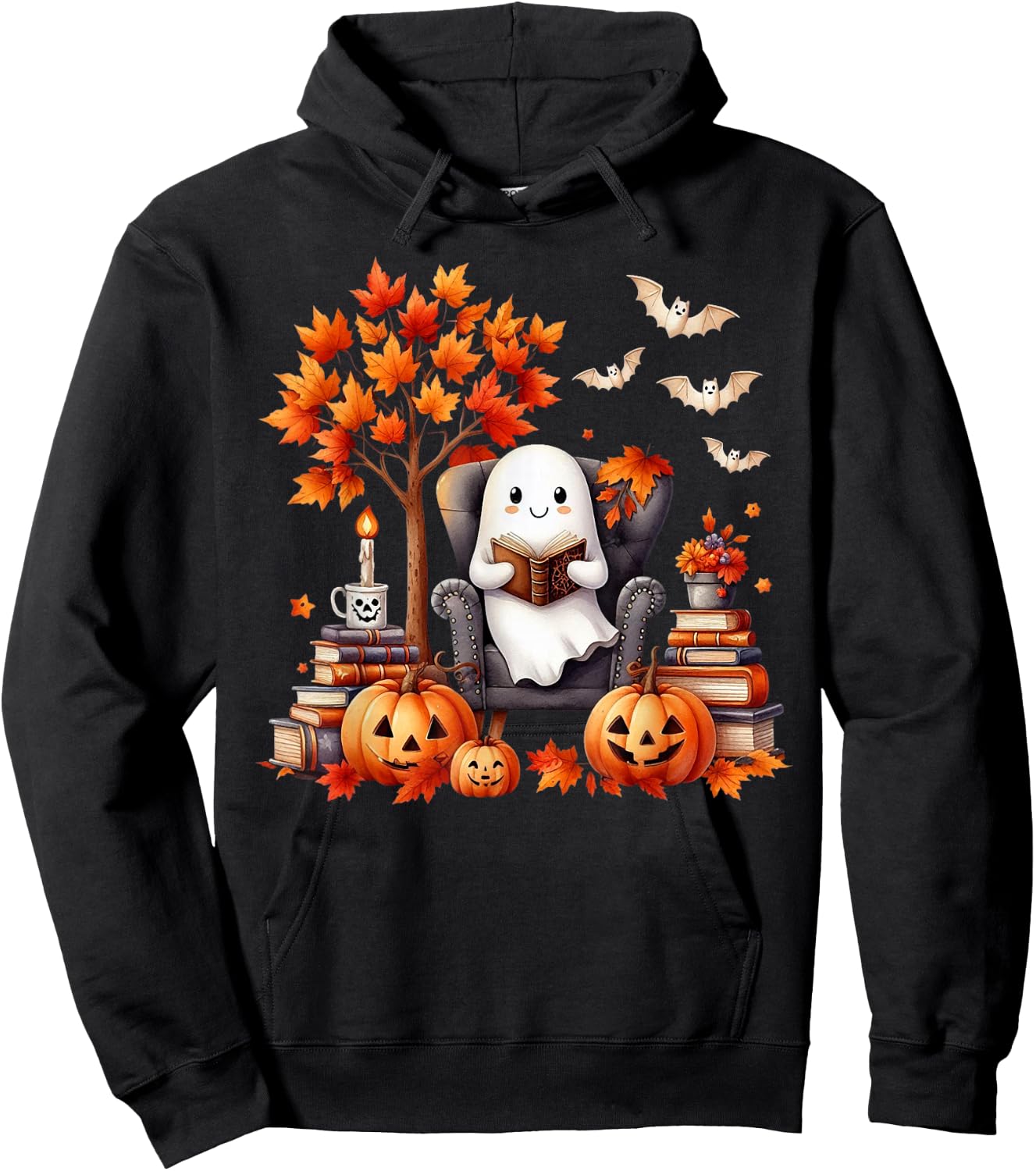 Vintage Ghost Book Reading Pumpkin Gothic Halloween Teachers Hoodie - Hoodie | Black