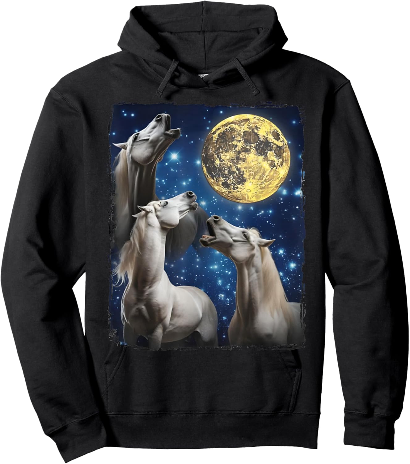 Three Horse Moon | 3 Horses Howling Funny Weird Cursed Meme Hoodie - Hoodie | Black