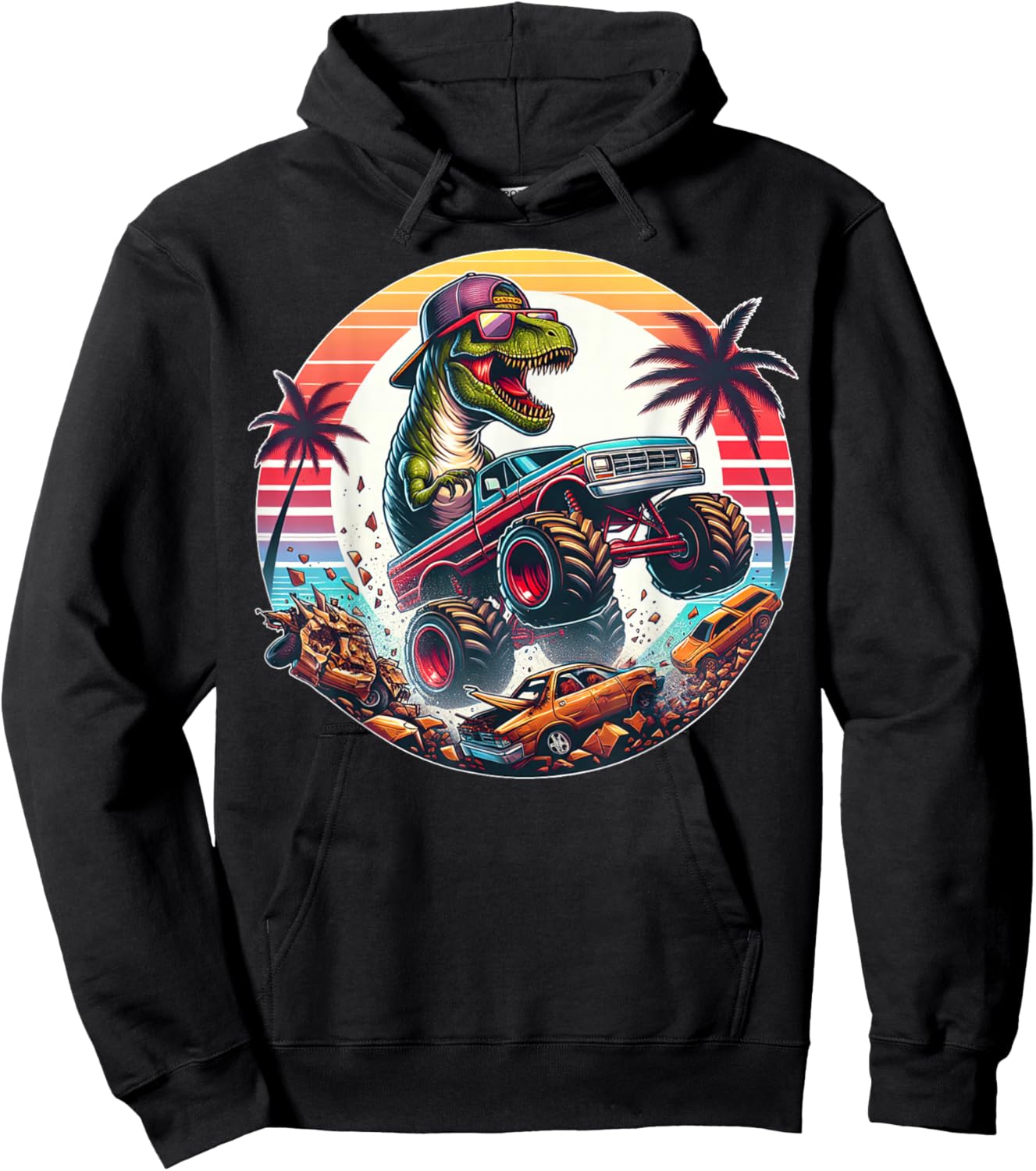 T-rex Dinosaur Monster Truck Vintage Kids Youth Toddlers Jam Hoodie - Hoodie | Black