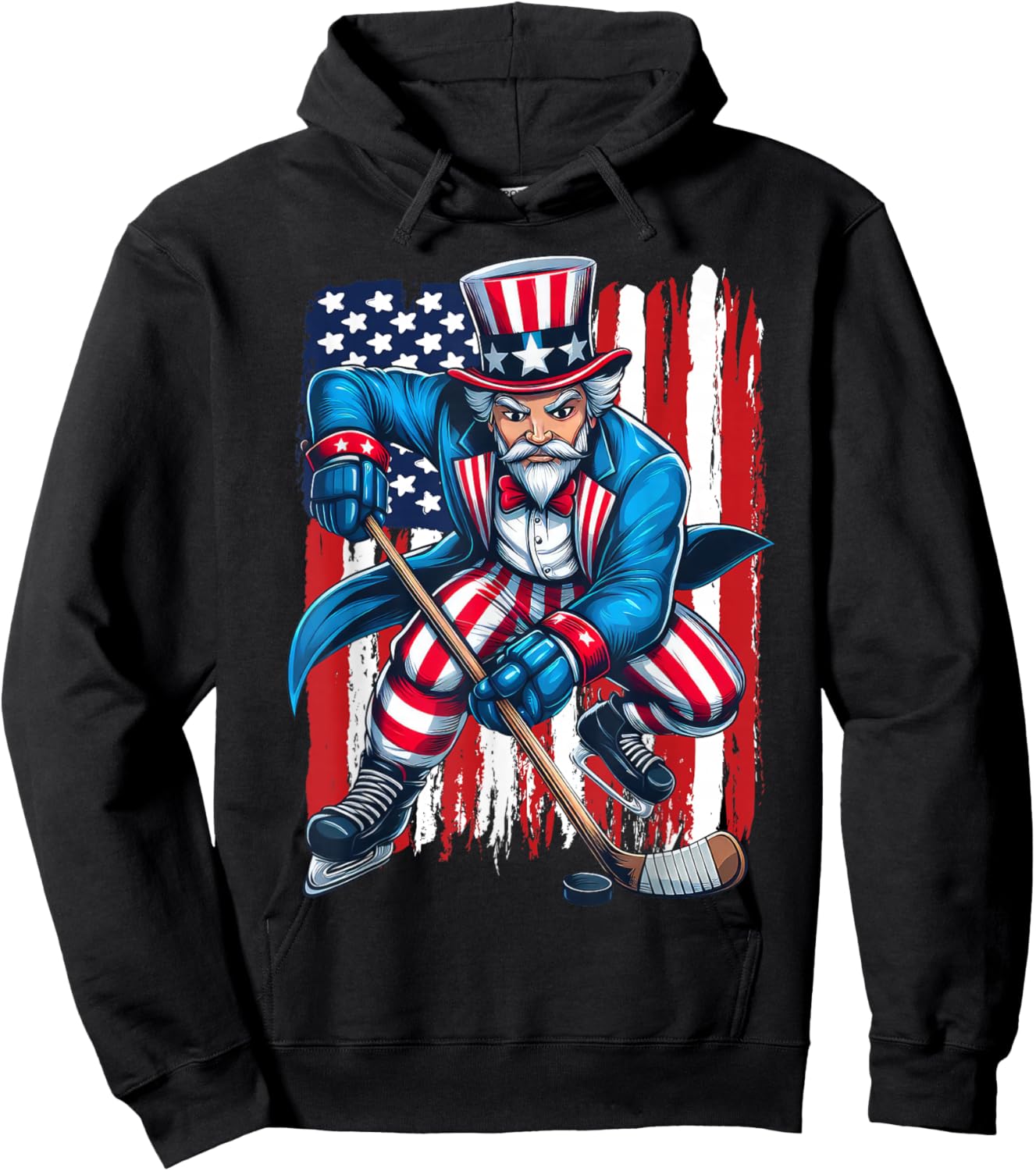 Uncle Sam Hockey Player 4th of July American Flag Hoodie - Hoodie | Black