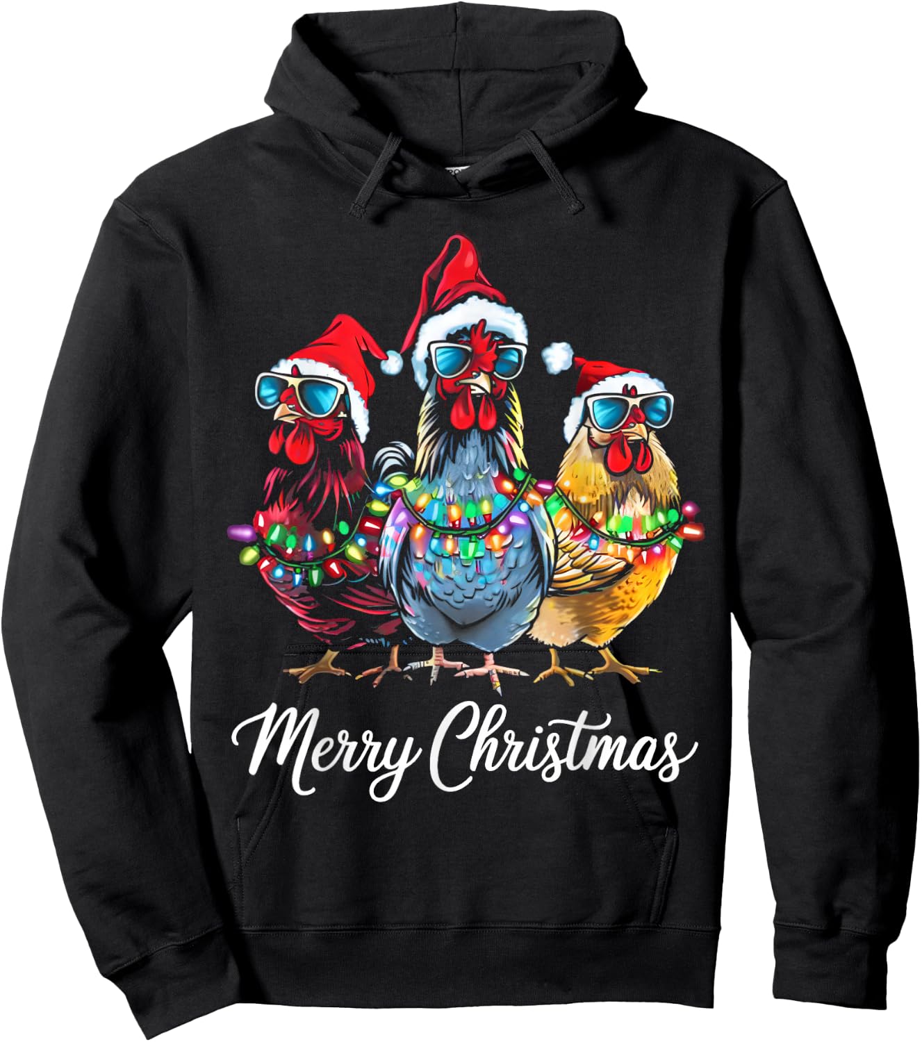 Merry Chickmas Ornament Lights Chicken Farmer Xmas Squad Hoodie - Hoodie | Black