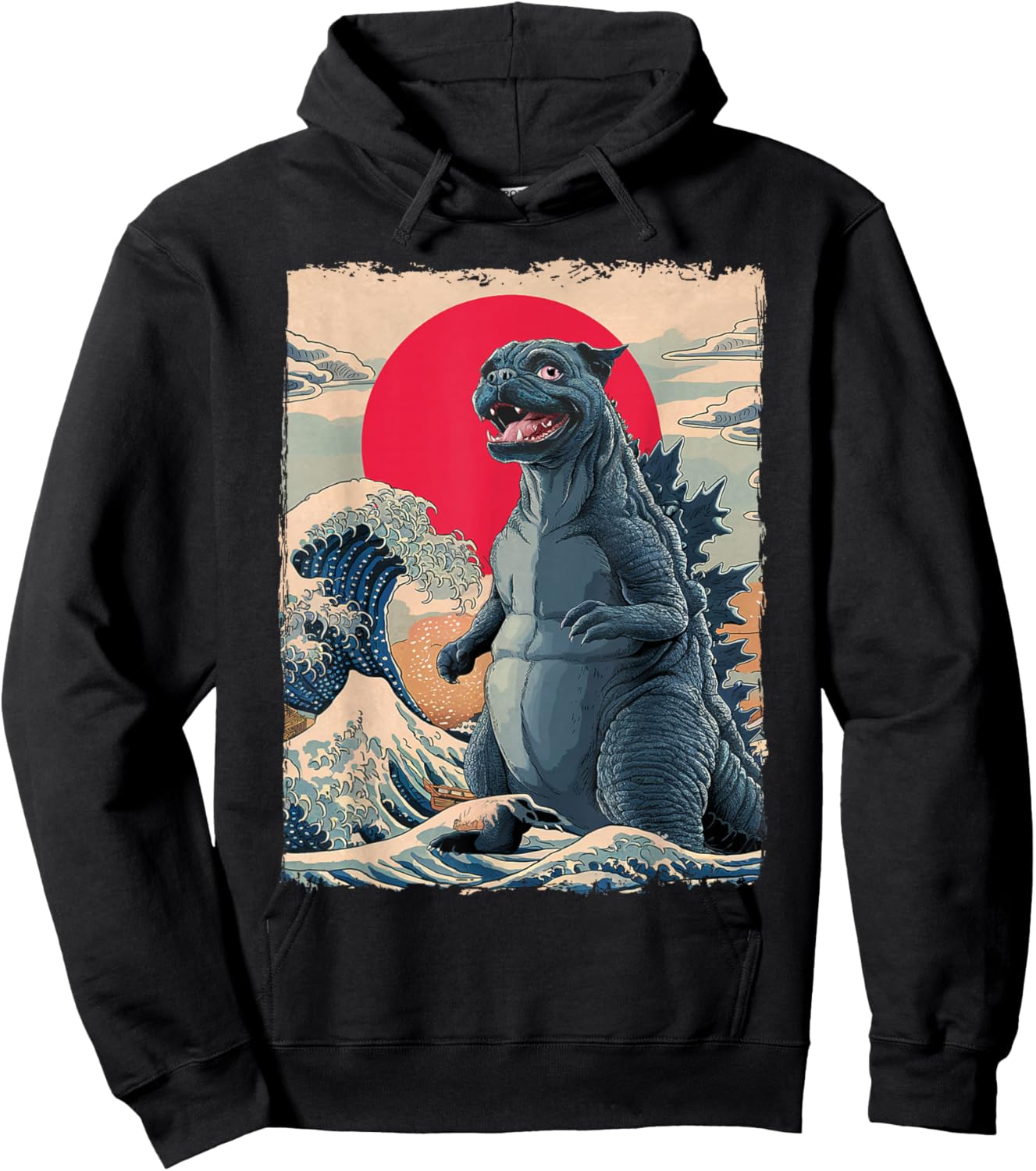 Pug Dog Funny Pugzilla Japanese Wave Art Hoodie - Hoodie | Black
