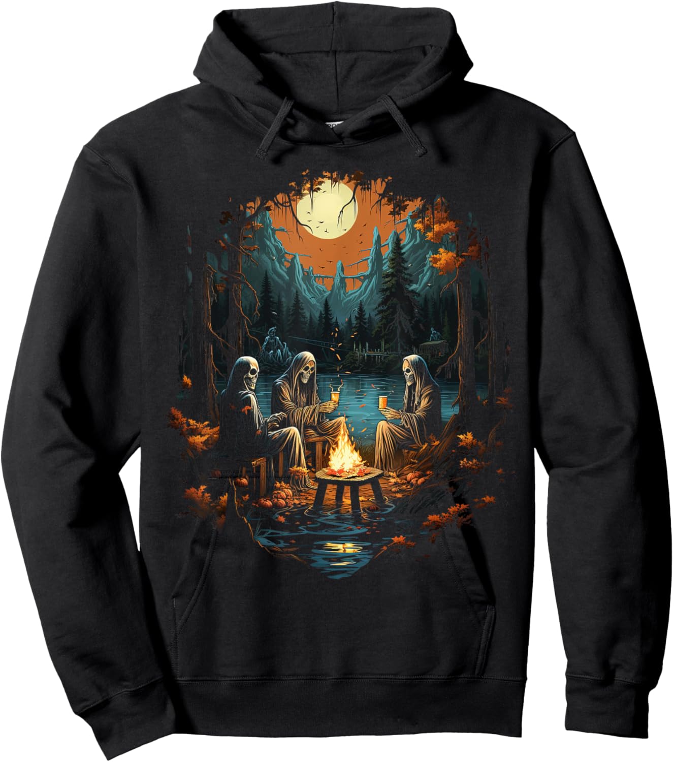 Vintage Ghost and Skeleton by Fire Camping Gothic Halloween Hoodie - Hoodie | Black