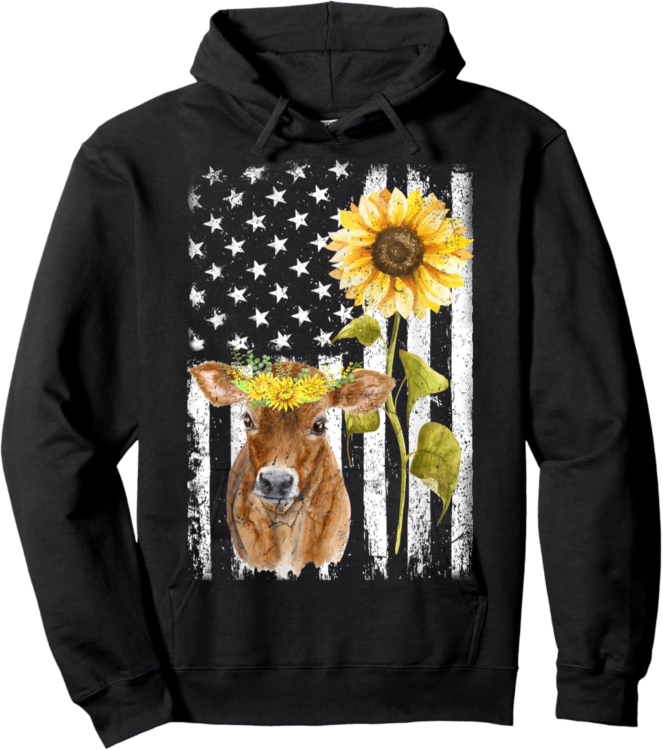 Cow USA Flag Sunflower Cow Lover Women Girls Kids Men Hoodie - Hoodie | Black