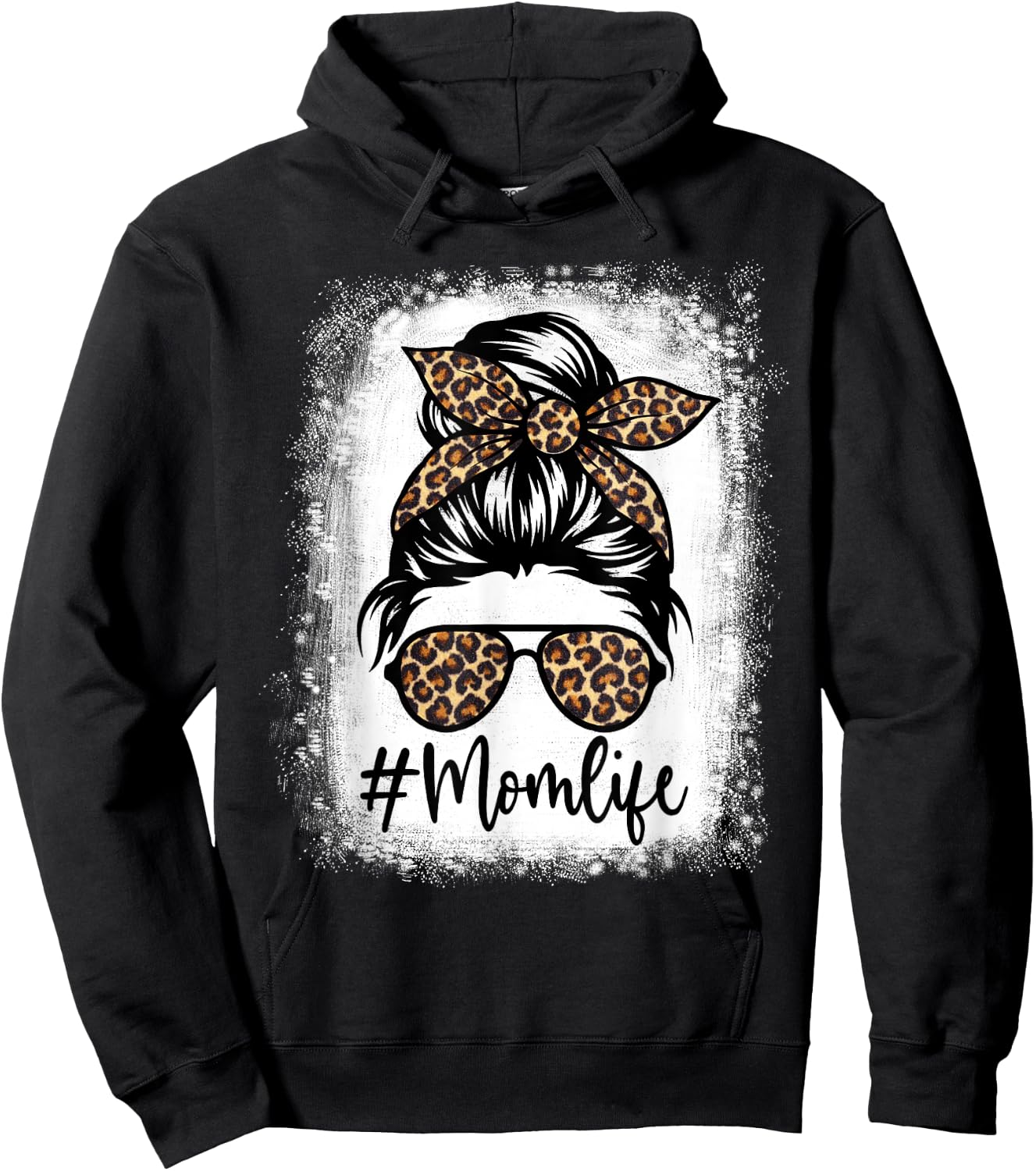 Women Mom Life Bleached Shirt Mom Life Leopard Messy Bun Hoodie - Hoodie | Black