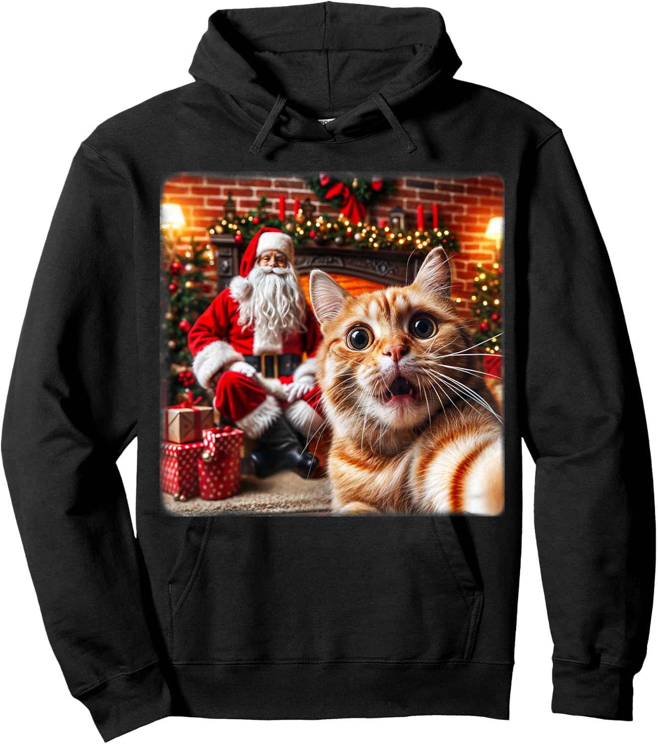 Funny Cat Selfie With Santa Claus Christmas Girls Boy Family Hoodie - Hoodie | Black