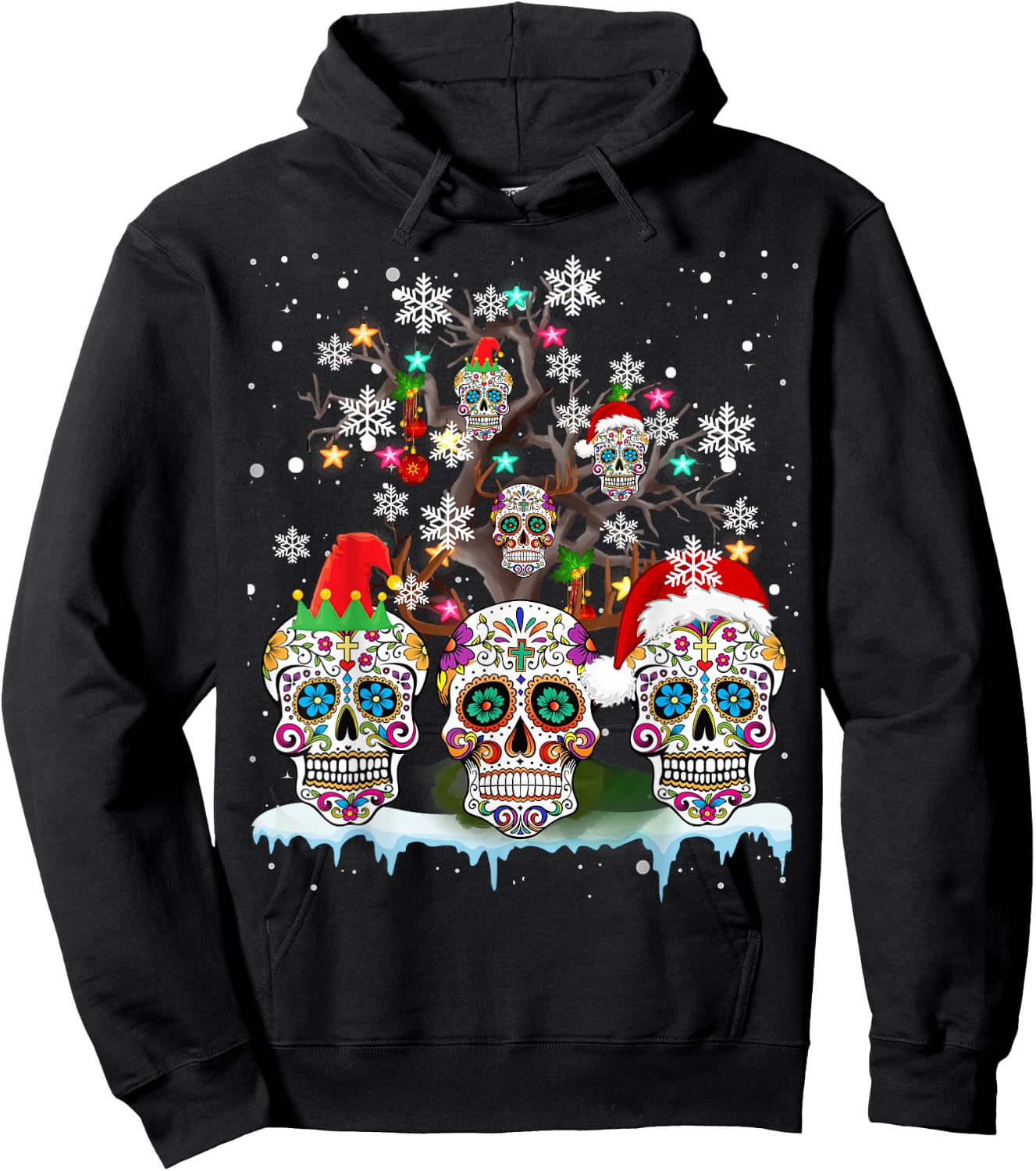 Christmas Sugar Skull On Tree Funny Santa Sugar Skull Gifts Hoodie - Hoodie | Black