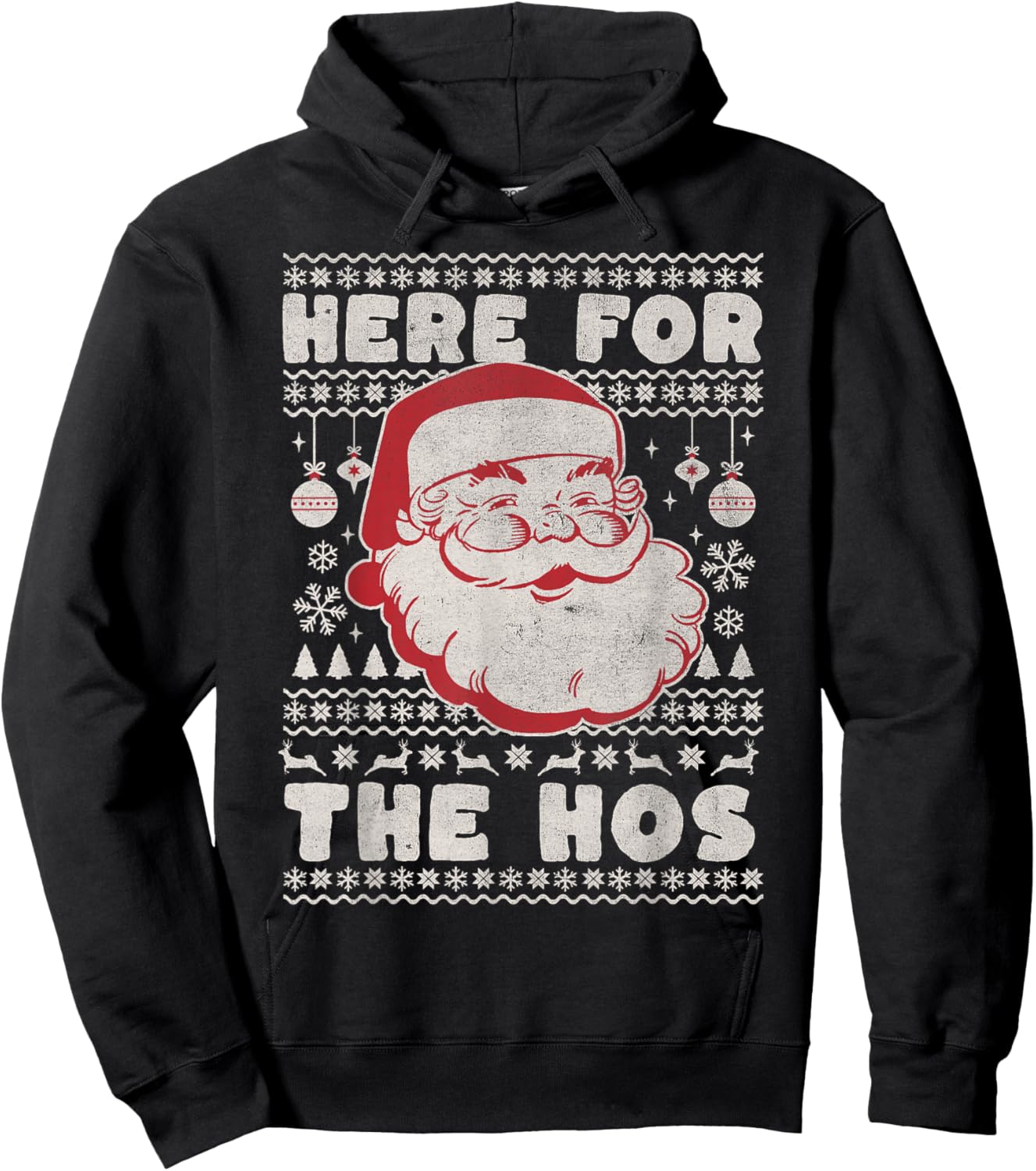 Retro Ugly Christmas Funny Holiday Santa Here for the Hos Hoodie - Hoodie | Black