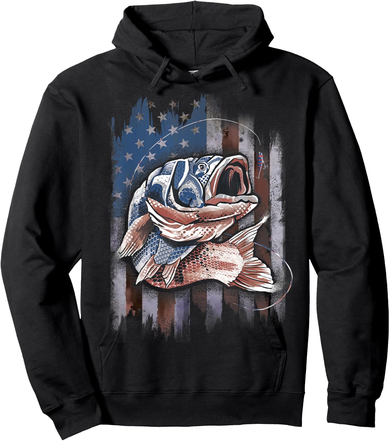 Patriotic Fishing 4th of July Men Amercian Flag Bass Fishing Hoodie - Hoodie | Black