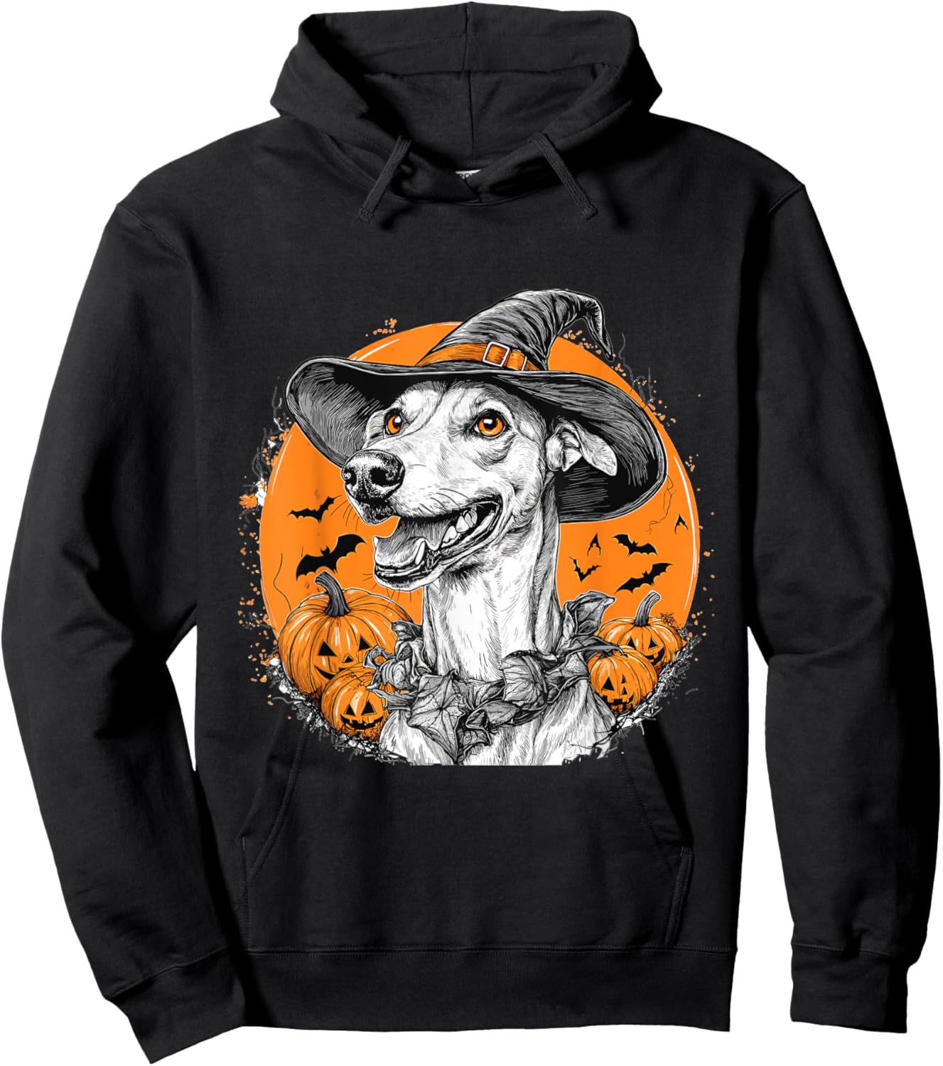 Greyhound Dog Whitch Hat Halloween Pumpkin Spooky Happy Hoodie - Hoodie | Black