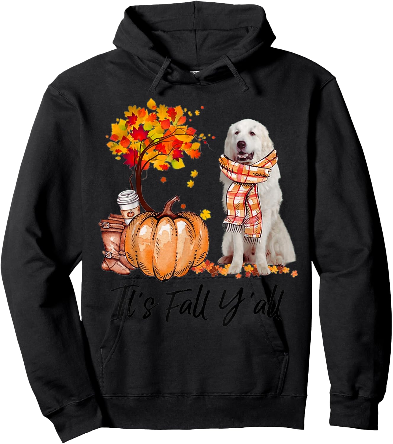 Great Pyrenees It's Fall Y'all Pumpkin Tree Coffee Chocolate Hoodie - Hoodie | Black