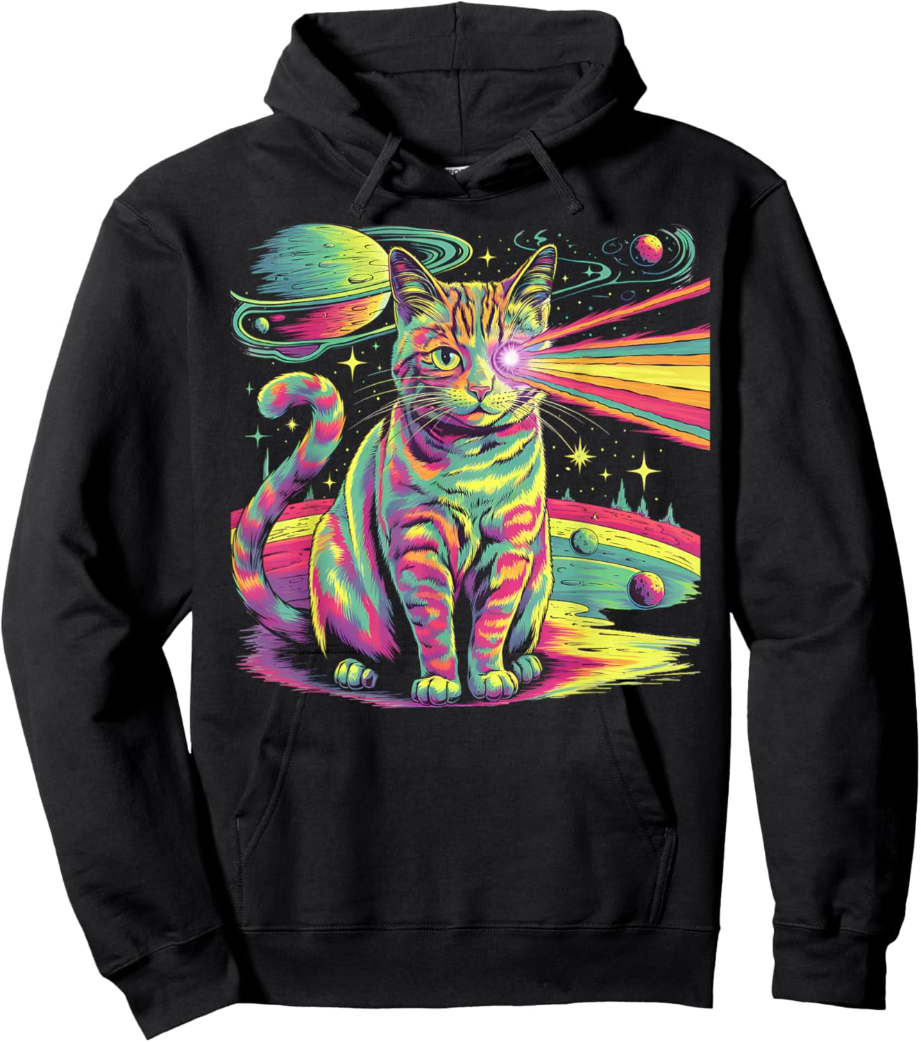 Bunte Psychedelisch Laser Katze | Weltall Planeten Hoodie - Hoodie | Black