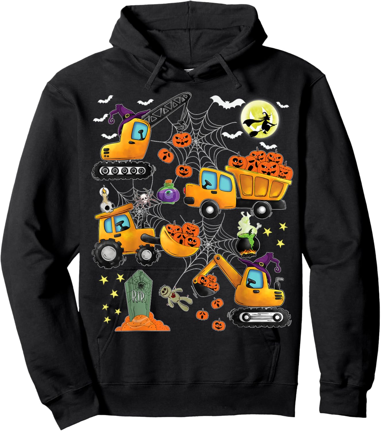 Kids Construction Vehicle Halloween Crane Truck Pumpkin Boys Hoodie - Hoodie | Black