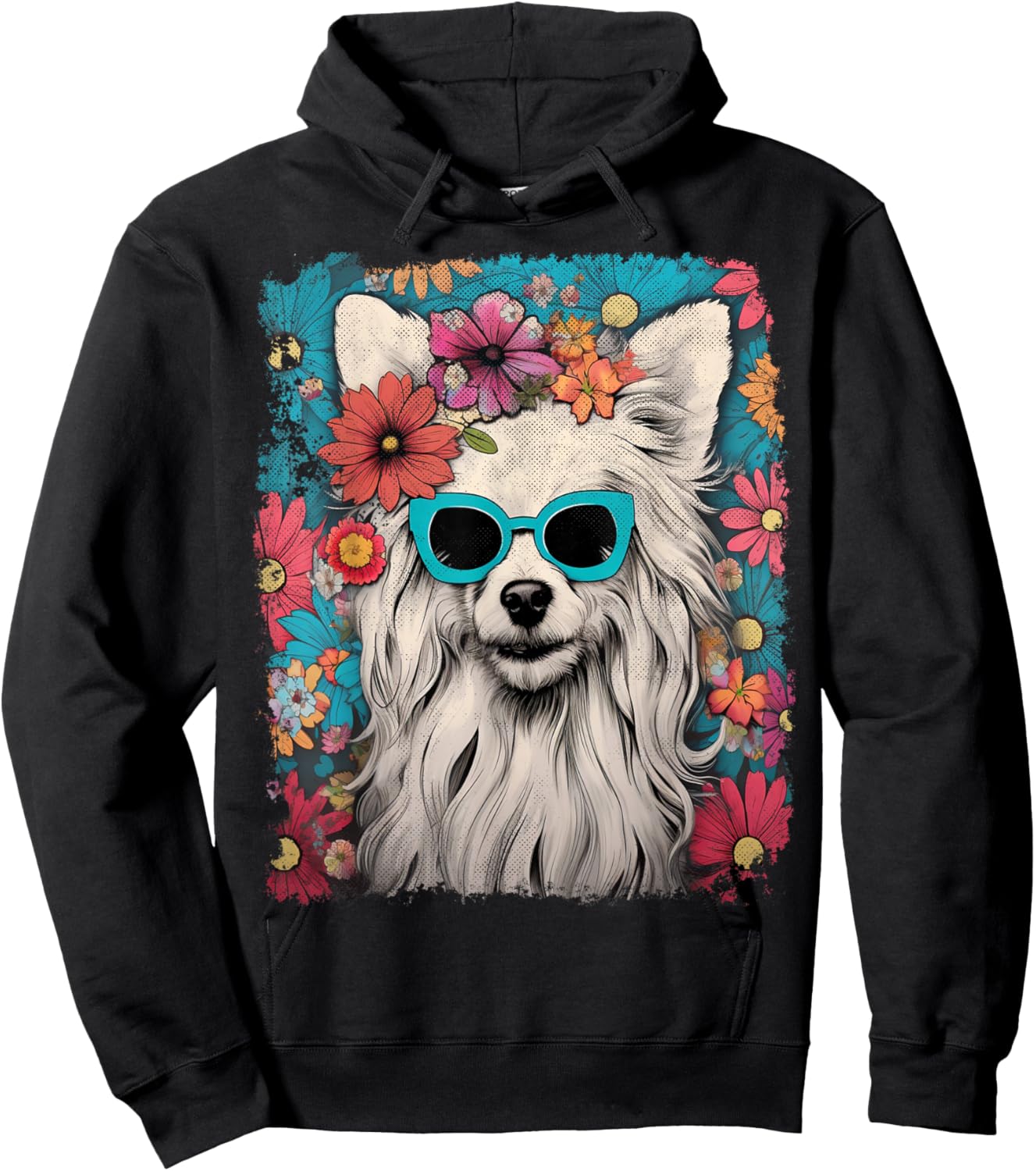 Pet Dog Face Vintage Chinese Crested Dog Floral Graphic Hoodie - Hoodie | Black