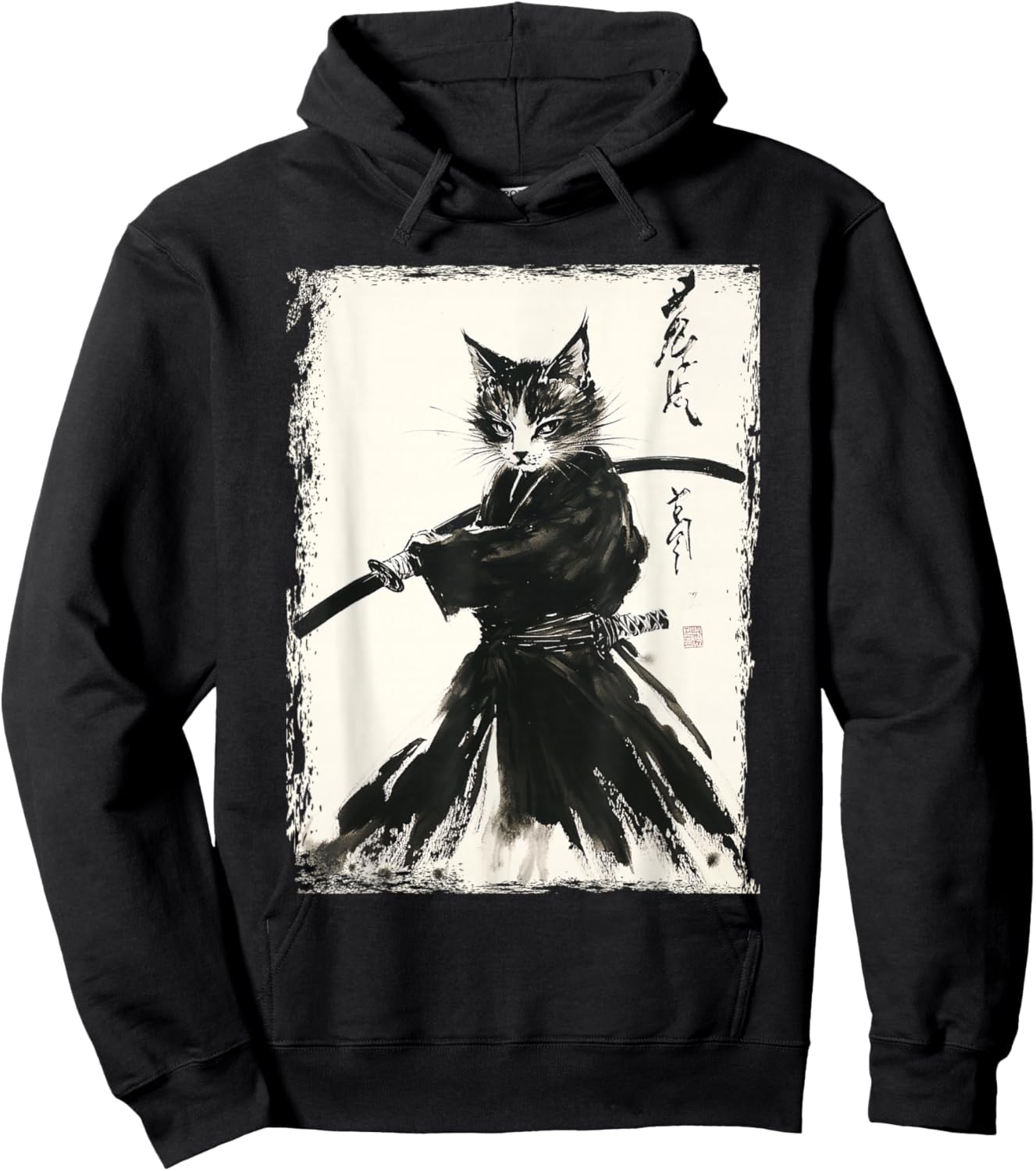 Samurai Cat Ukiyo-e Vintage Art Warrior Graphic Hoodie - Hoodie | Black