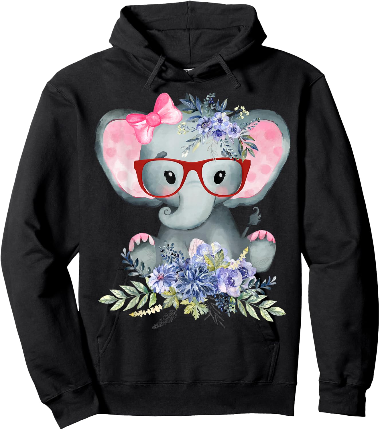 Cute Girl Baby Elephant Wearing Bow Tie & Glasses w/ Flowers Hoodie - Hoodie | Black