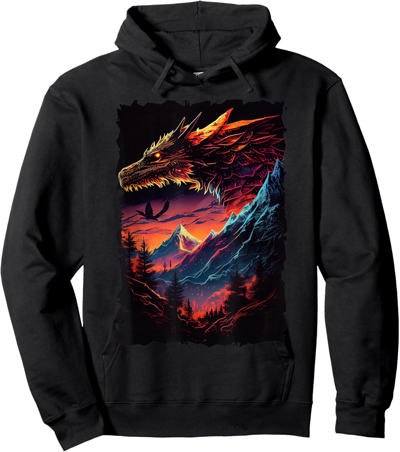 Dragon with Mountain Sunset Retro Fantasy Adventure Design Hoodie - Hoodie | Black