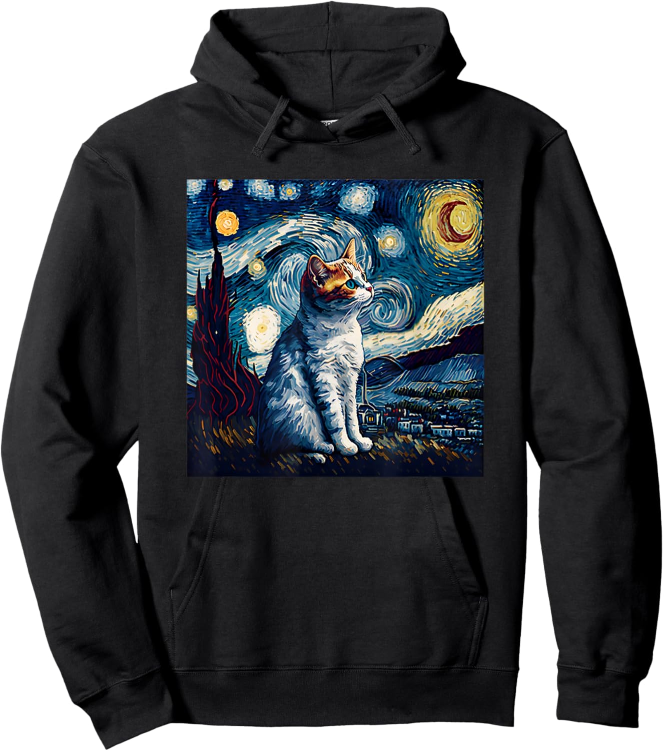 Starry Night Cat Van Gogh Funny Cat Lover Mom Dad Hoodie - Hoodie | Black