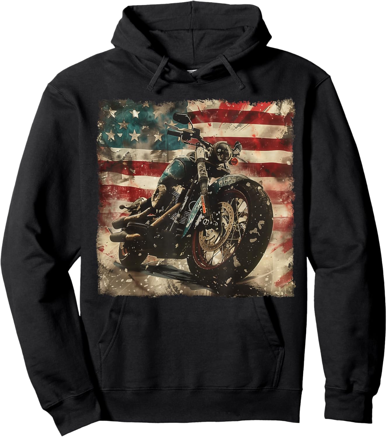 Vintage Motorcycle USA Flag Retro Biker American Hoodie - Hoodie | Black