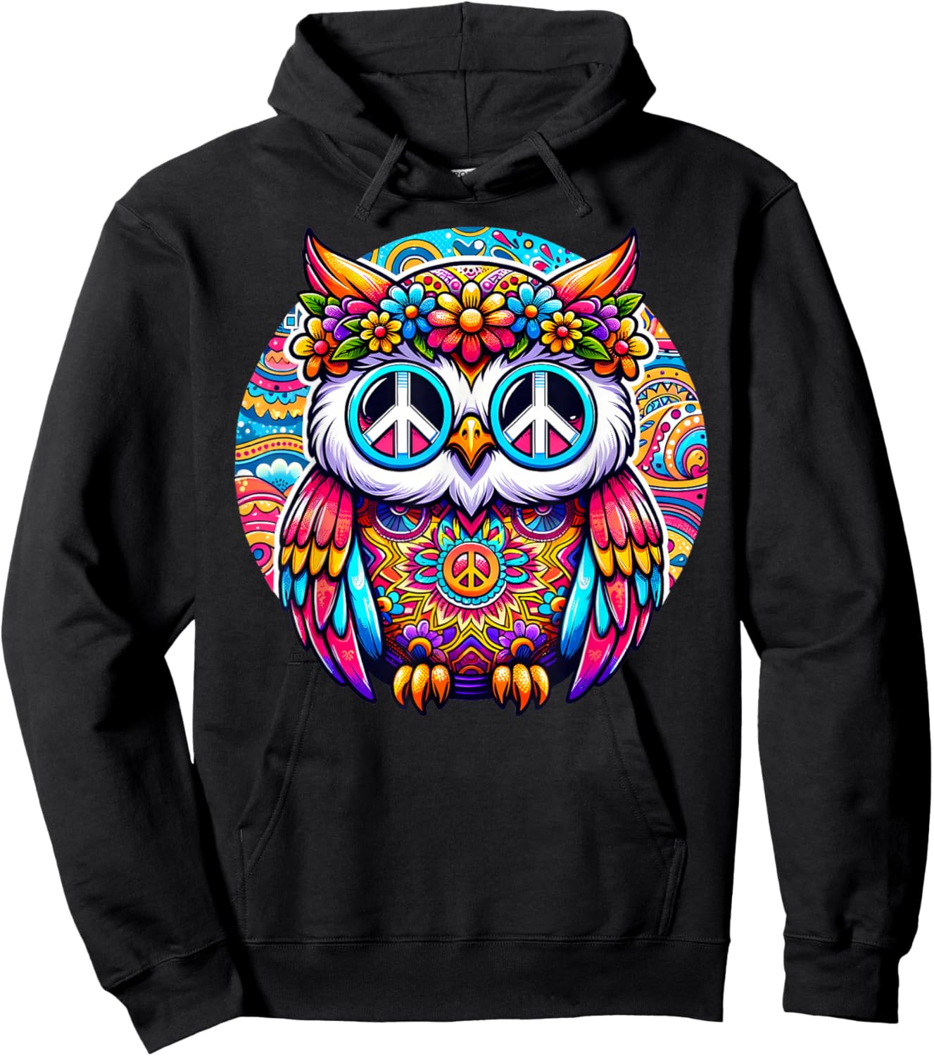 Psychedelic Peace Owl Love Colorful Harmony Unity Positivity Hoodie - Hoodie | Black