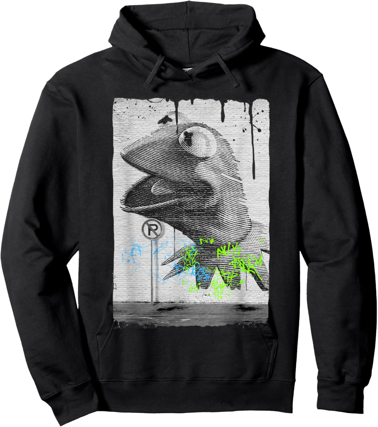 Disney The Muppets Kermit The Frog Distressed Overlay Panel Hoodie - Hoodie | Black