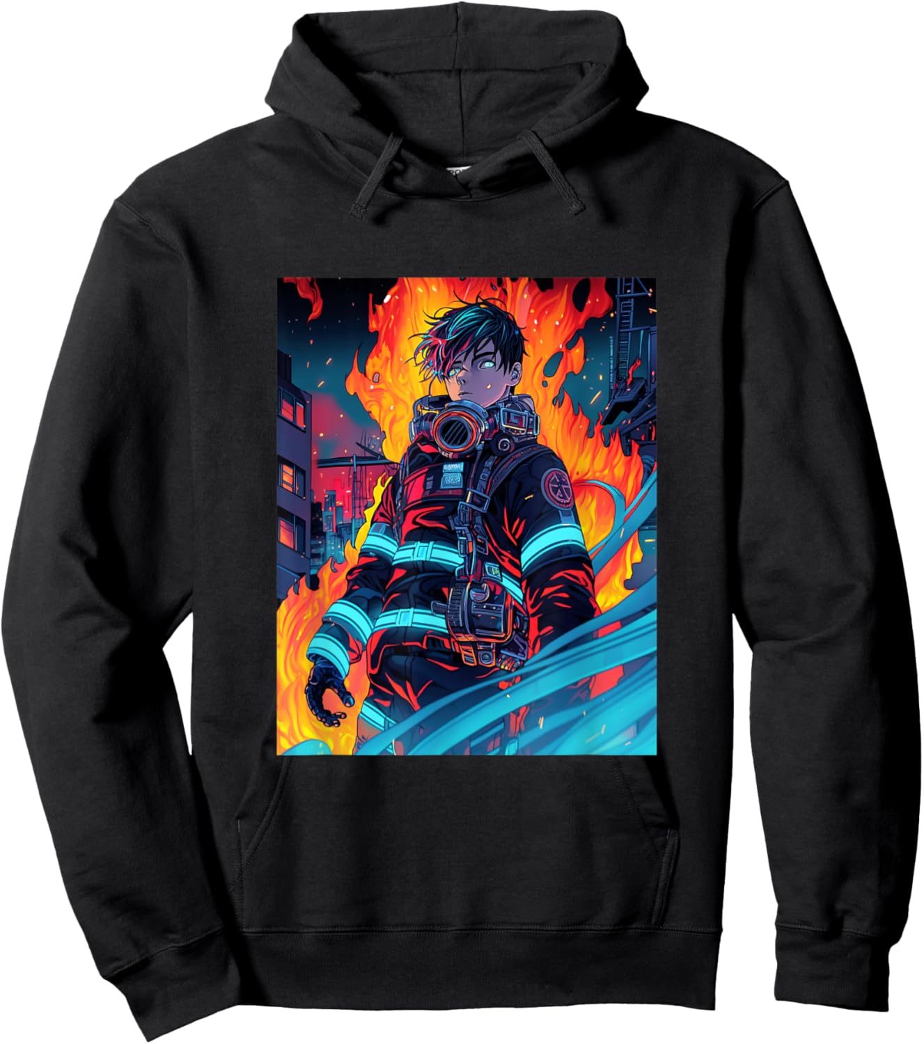 Anime Firefighter Fireman Cyberpunk Japanese Otaku Hoodie - Hoodie | Black