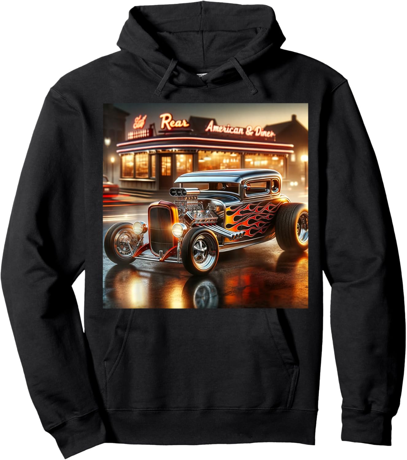 Classic Hot Rod Retro Vintage Custom Hotrod Car Illustration Hoodie - Hoodie | Black