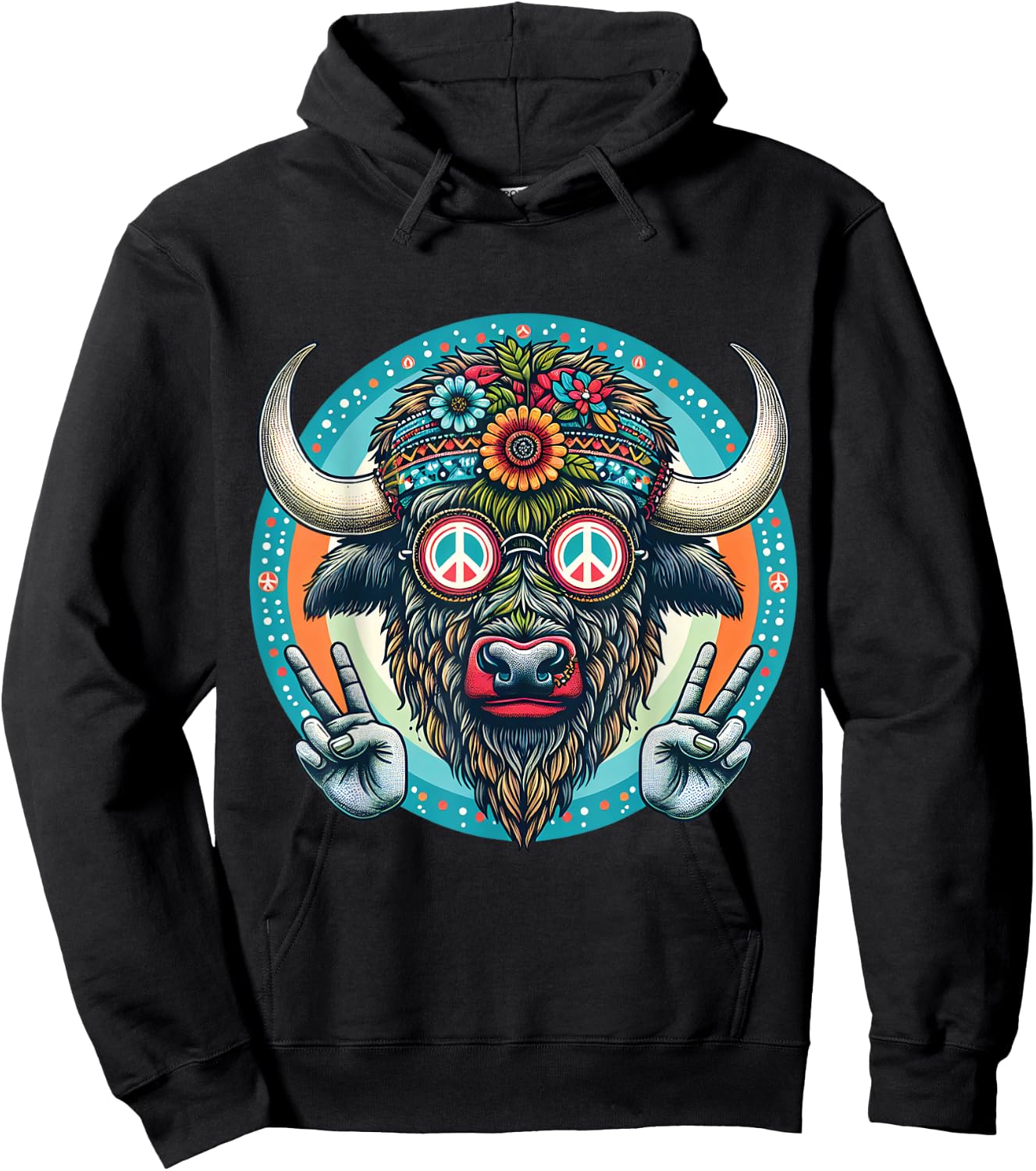 Buffalo Hippie with Peace signs floral Hoodie - Hoodie | Black