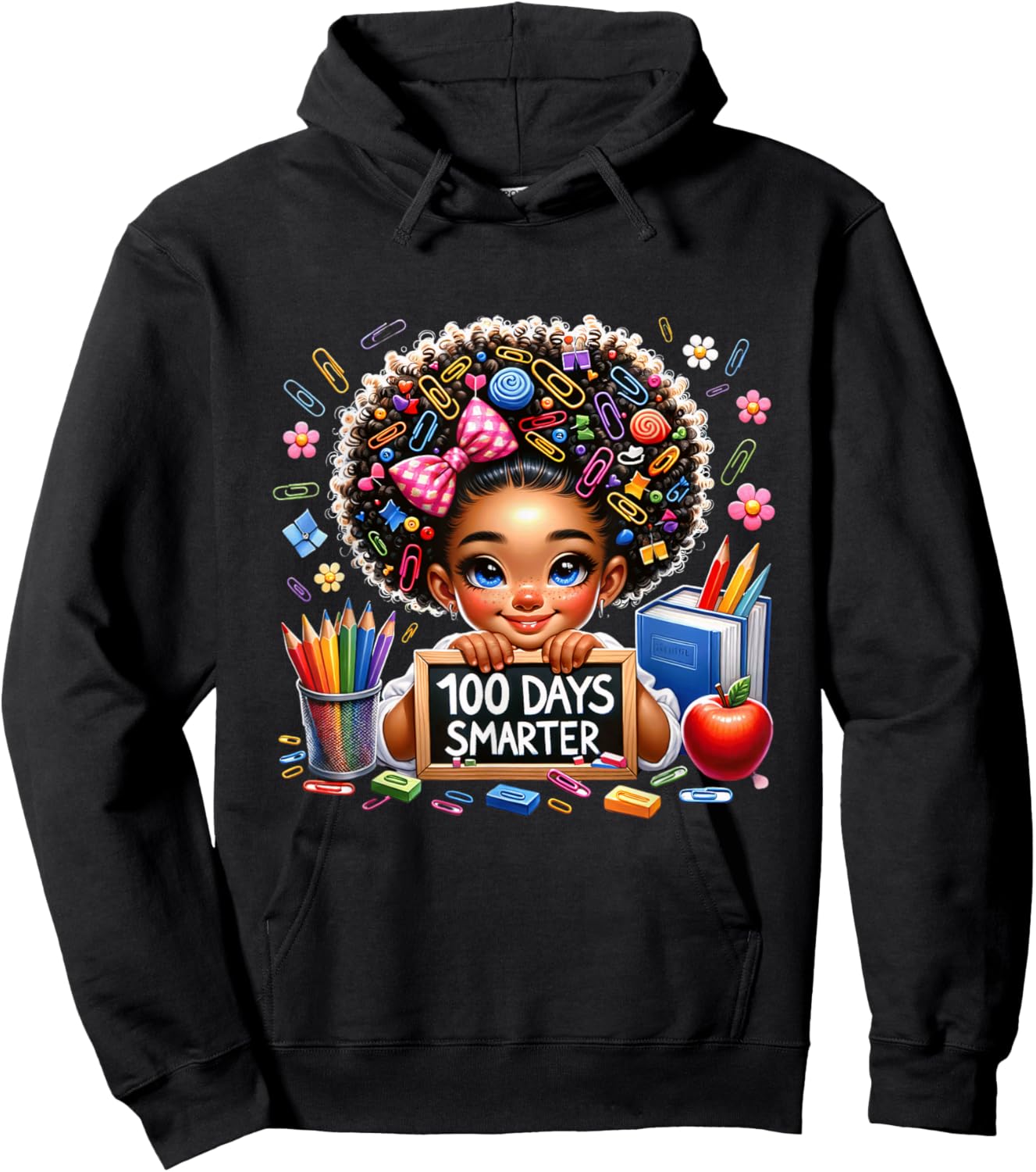 100 Days Smarter Afro Girls Messy Bun 100th Day Of School Hoodie - Hoodie | Black