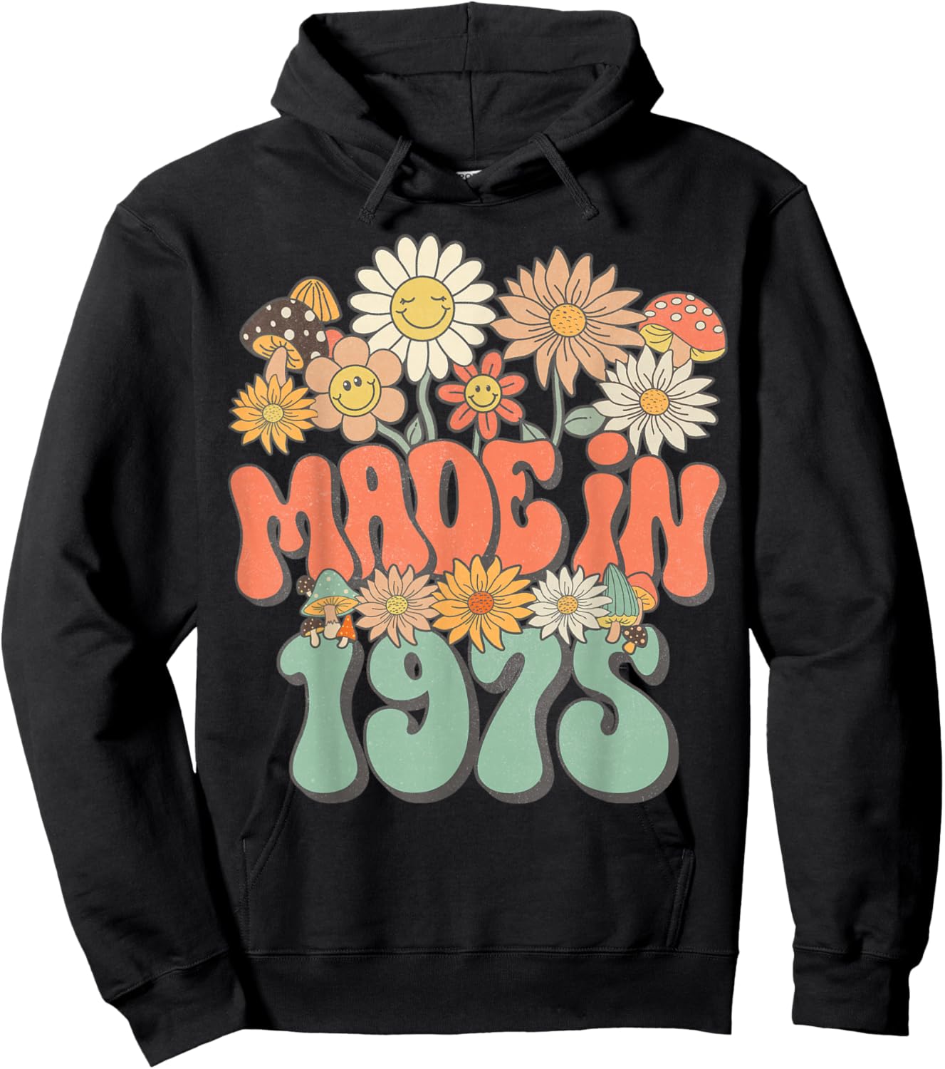 Retro Groovy Made In 1975 Floral Hippie Daisy 50th Birthday Hoodie - Hoodie | Black